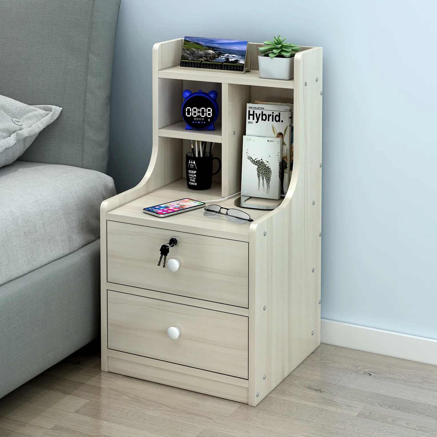 Imperial 2-Drawer Bedside Table with Chest of Drawers and Shelf (White Oak) - Image 3