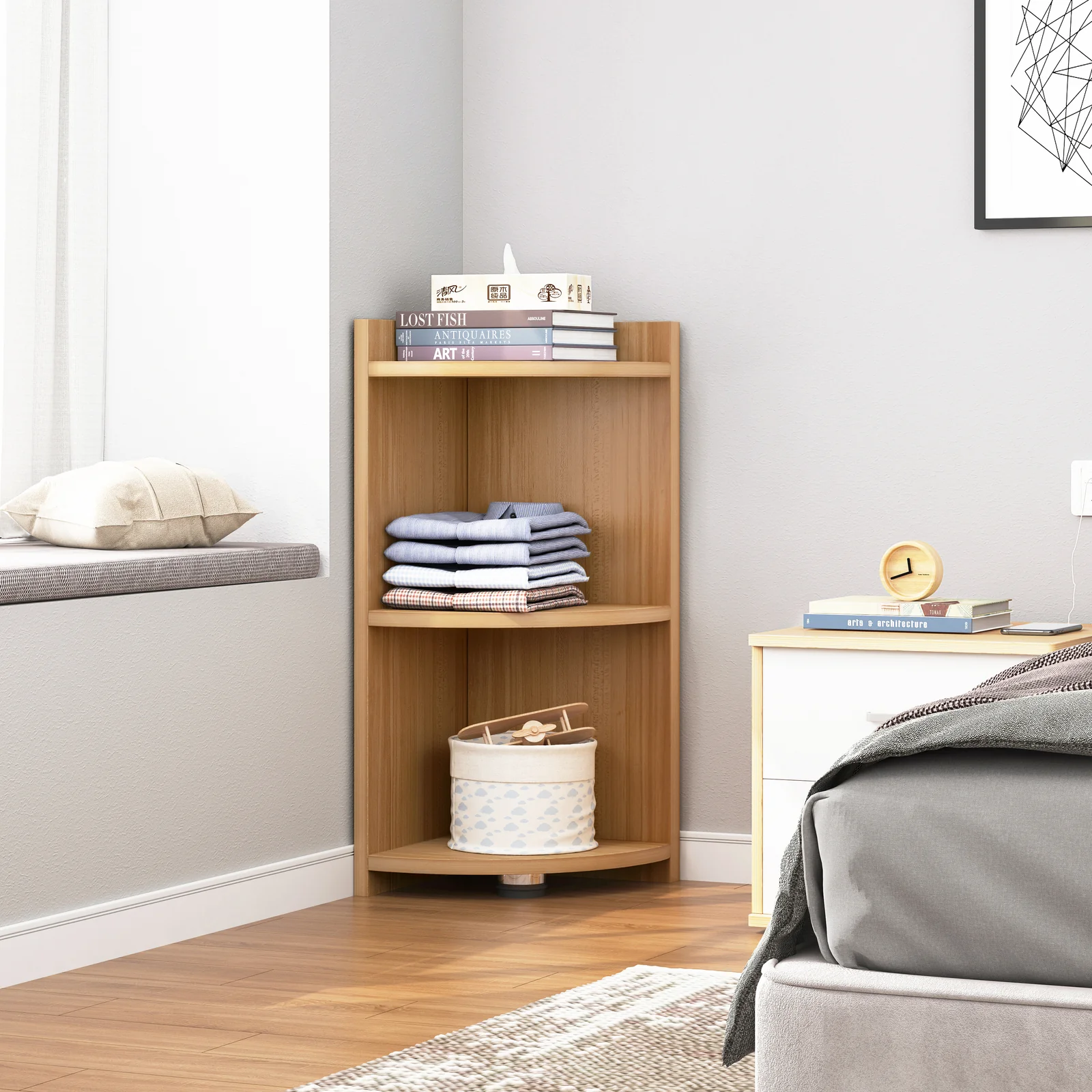Inspire 3 Tier Stylish Wooden Corner Shelf Unit (Oak) - Image 6