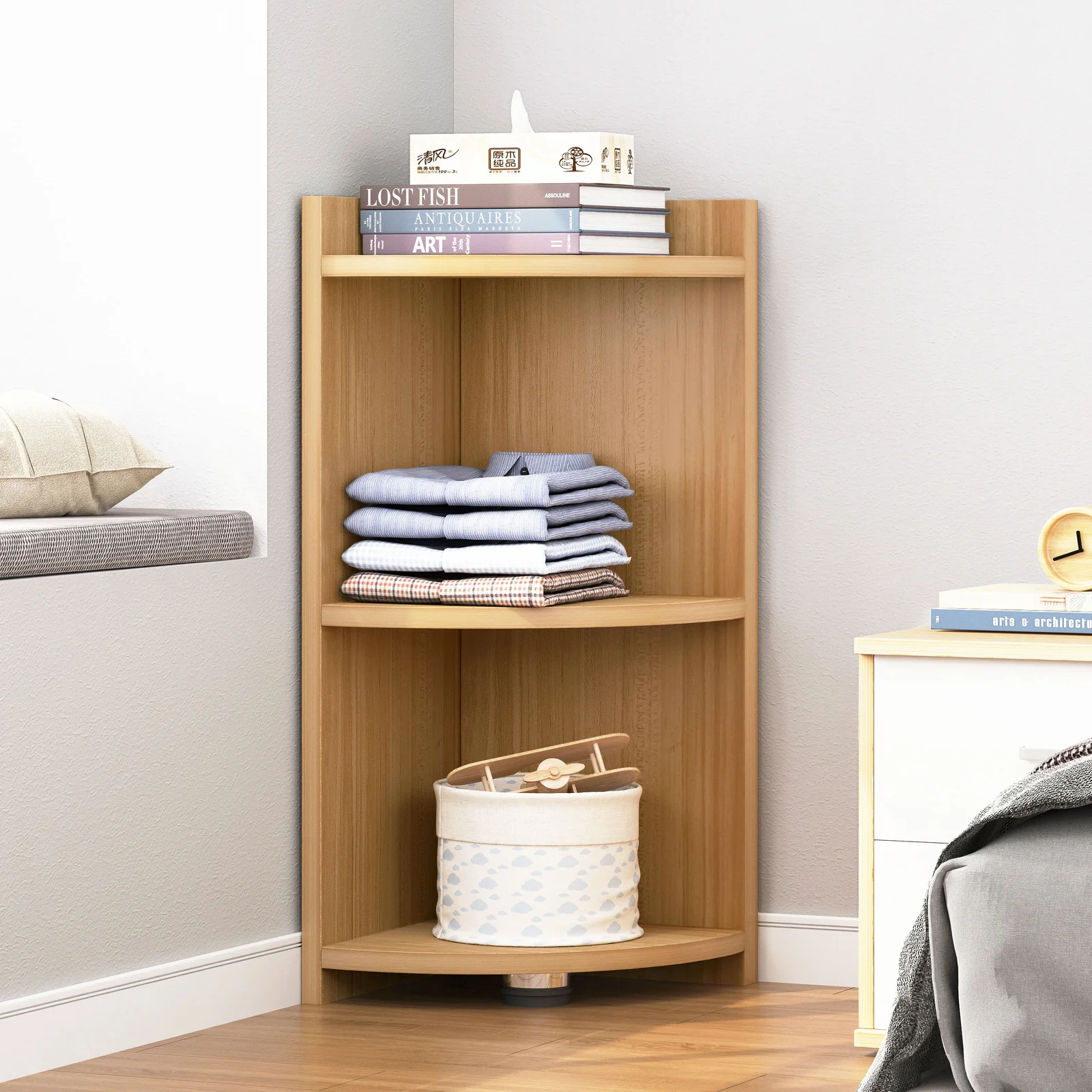 Inspire 3 Tier Stylish Wooden Corner Shelf Unit (Oak) - Image 9