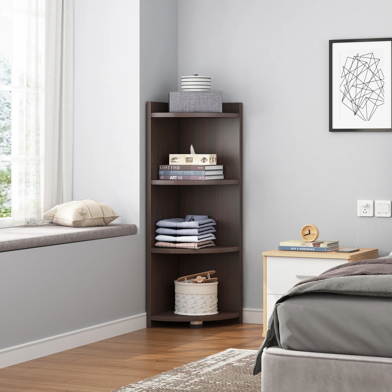 Inspire 4 Tier Stylish Wooden Corner Shelf Unit (Black Walnut) - Image 2