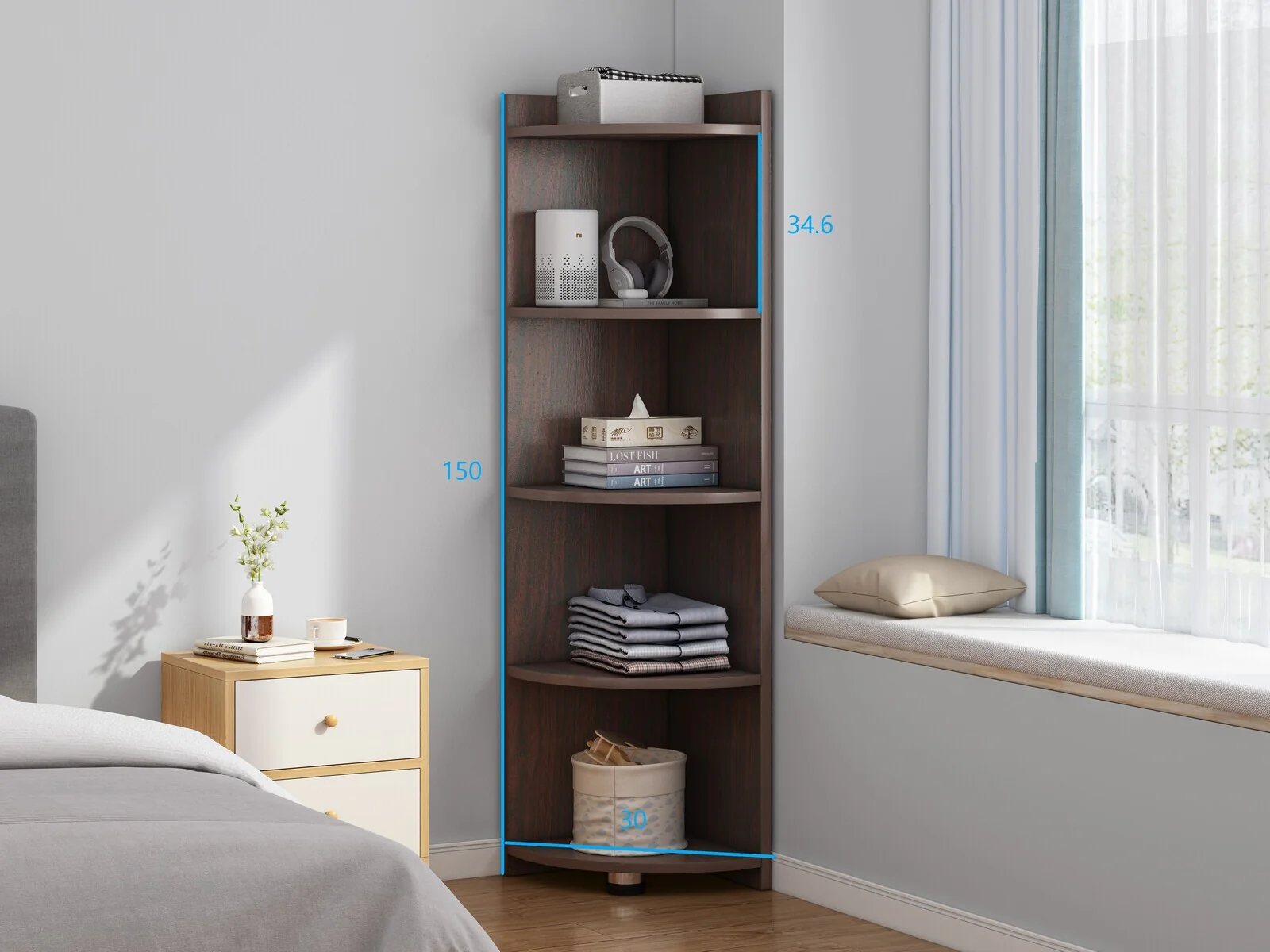 Inspire 5 Tier Stylish Wooden Corner Shelf Unit (Black Walnut) - Image 4