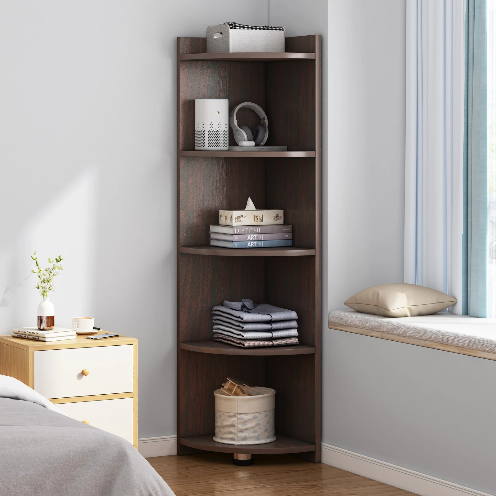 Inspire 5 Tier Stylish Wooden Corner Shelf Unit (Black Walnut) - Image 7