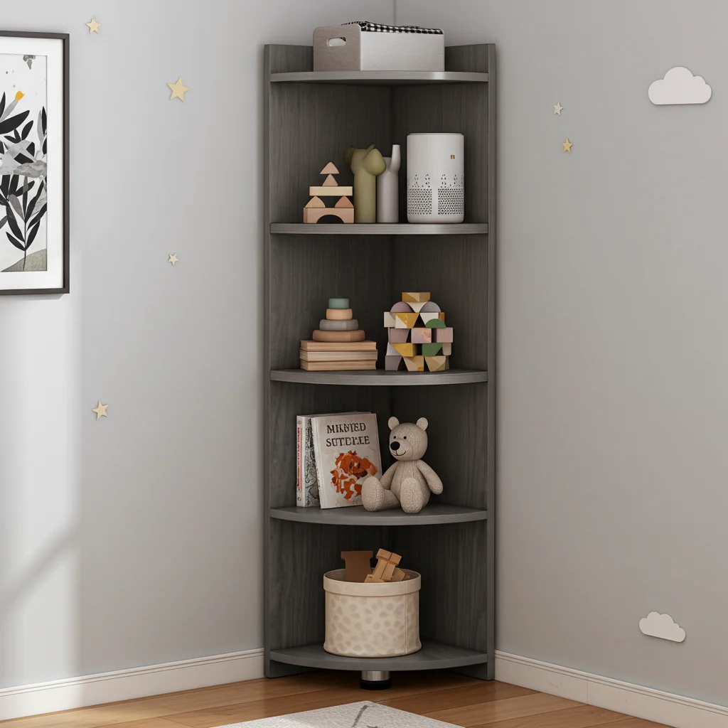 Inspire 5 Tier Stylish Wooden Corner Shelf Unit (Rustic Grey) - Image 12