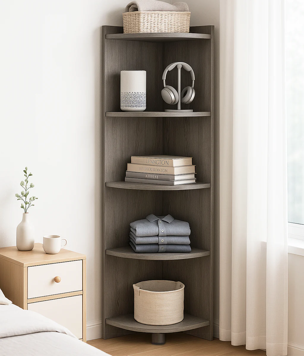 Inspire 5 Tier Stylish Wooden Corner Shelf Unit (Rustic Grey) - Image 3