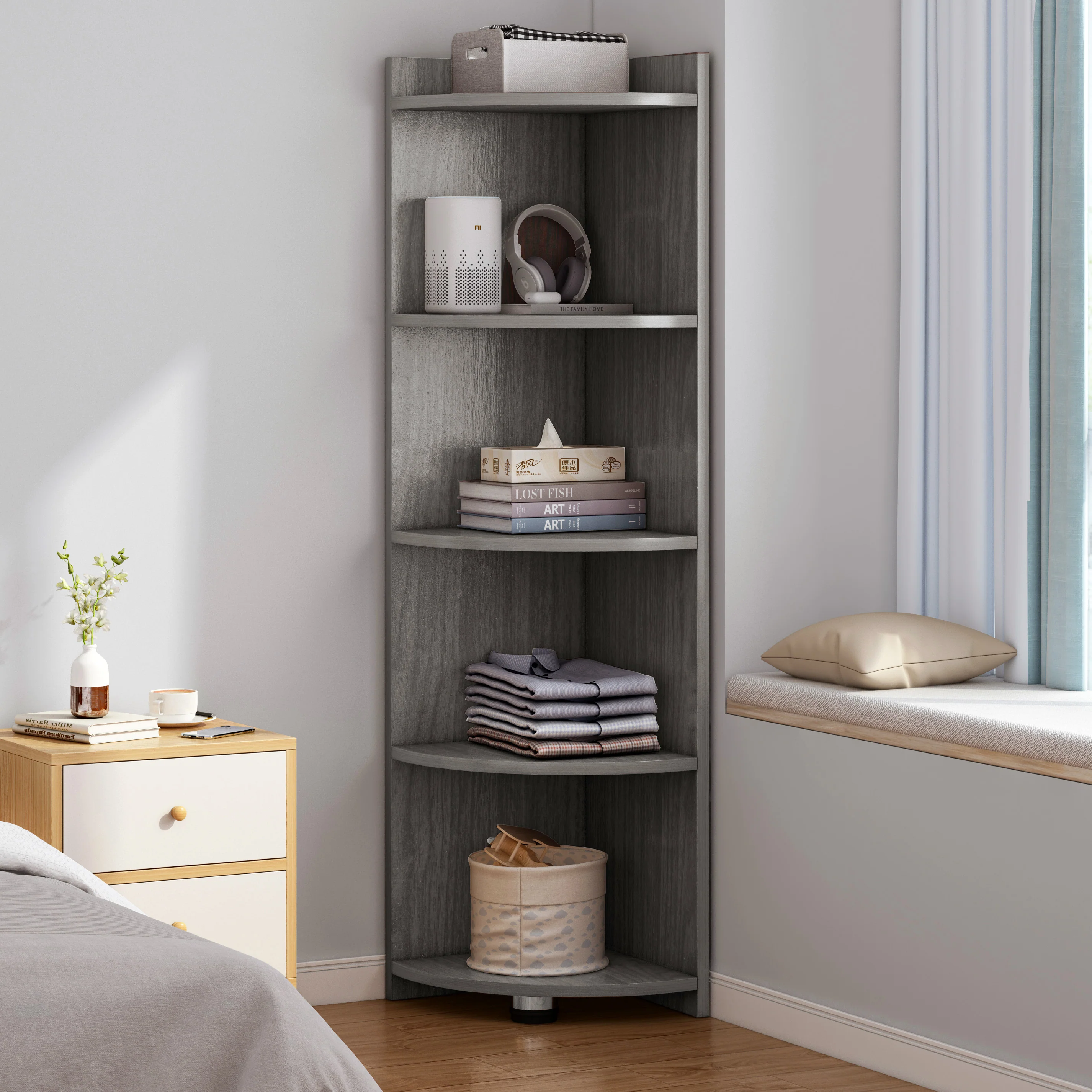 Inspire 5 Tier Stylish Wooden Corner Shelf Unit (Rustic Grey) - Image 4