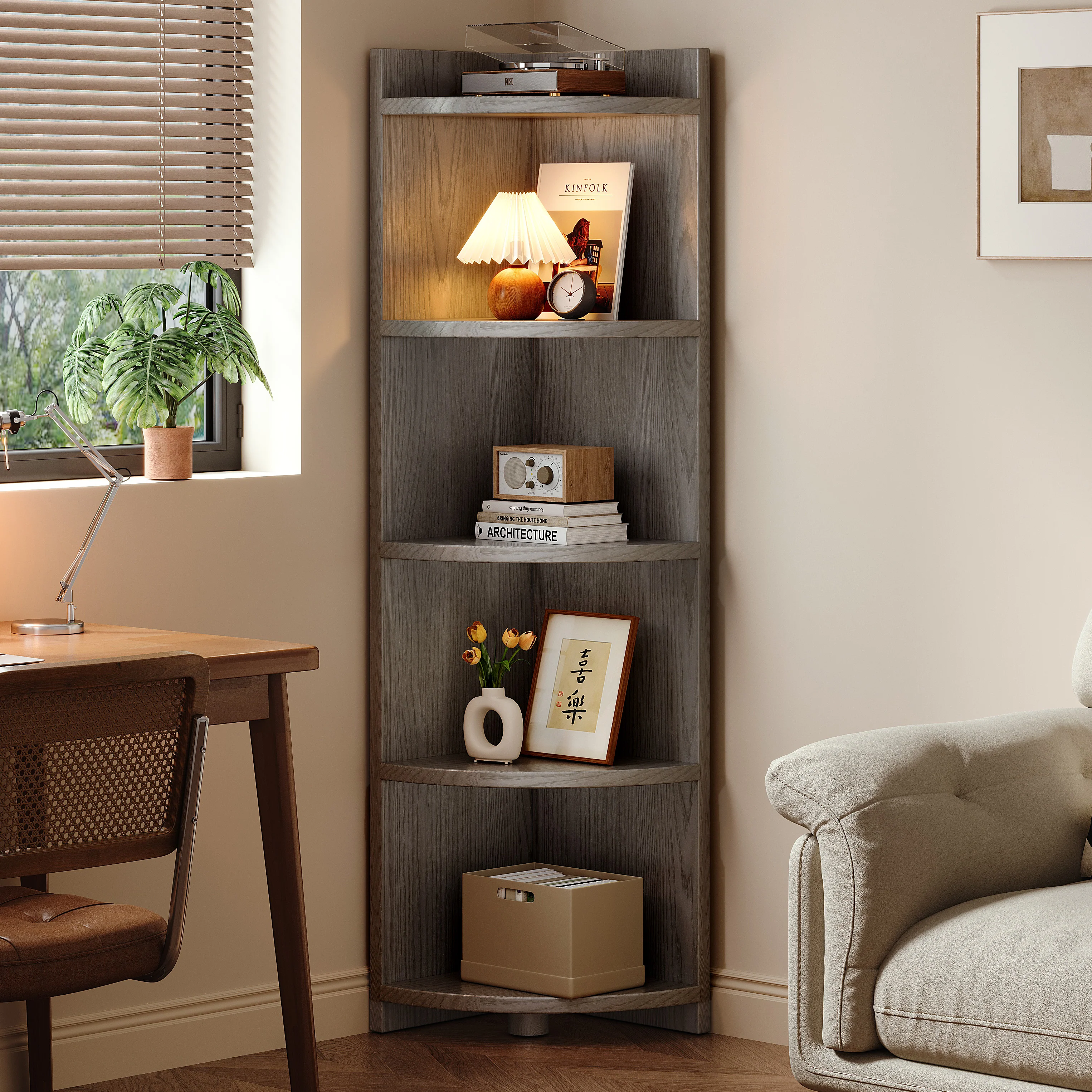 Inspire 5 Tier Stylish Wooden Corner Shelf Unit (Rustic Grey) - Image 7