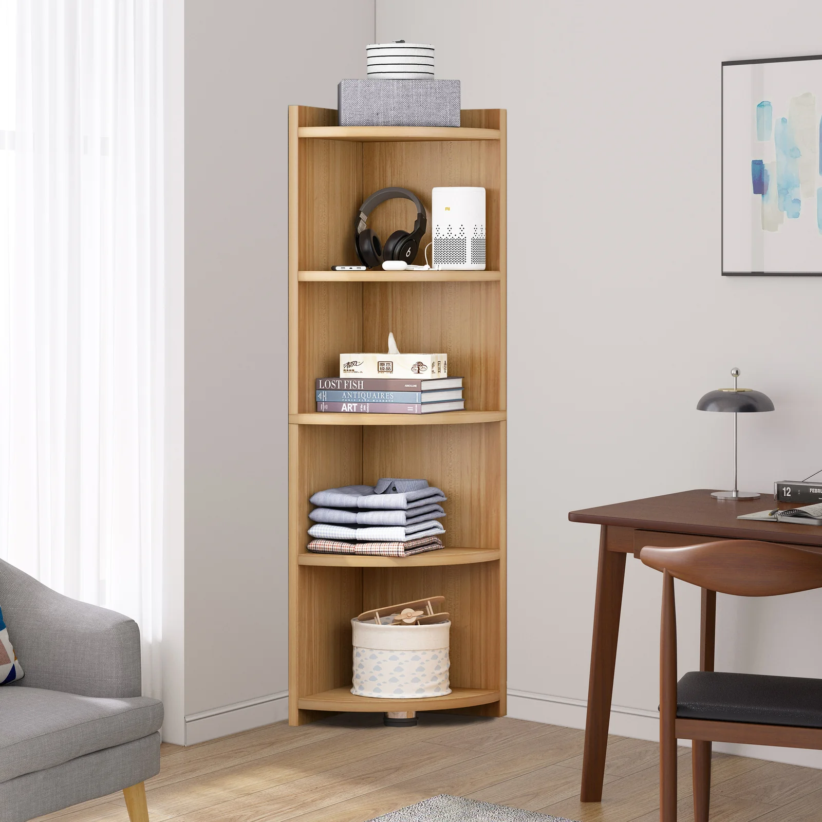 Inspire 5 Tier Stylish Wooden Corner Shelf Unit (Oak) - Image 3
