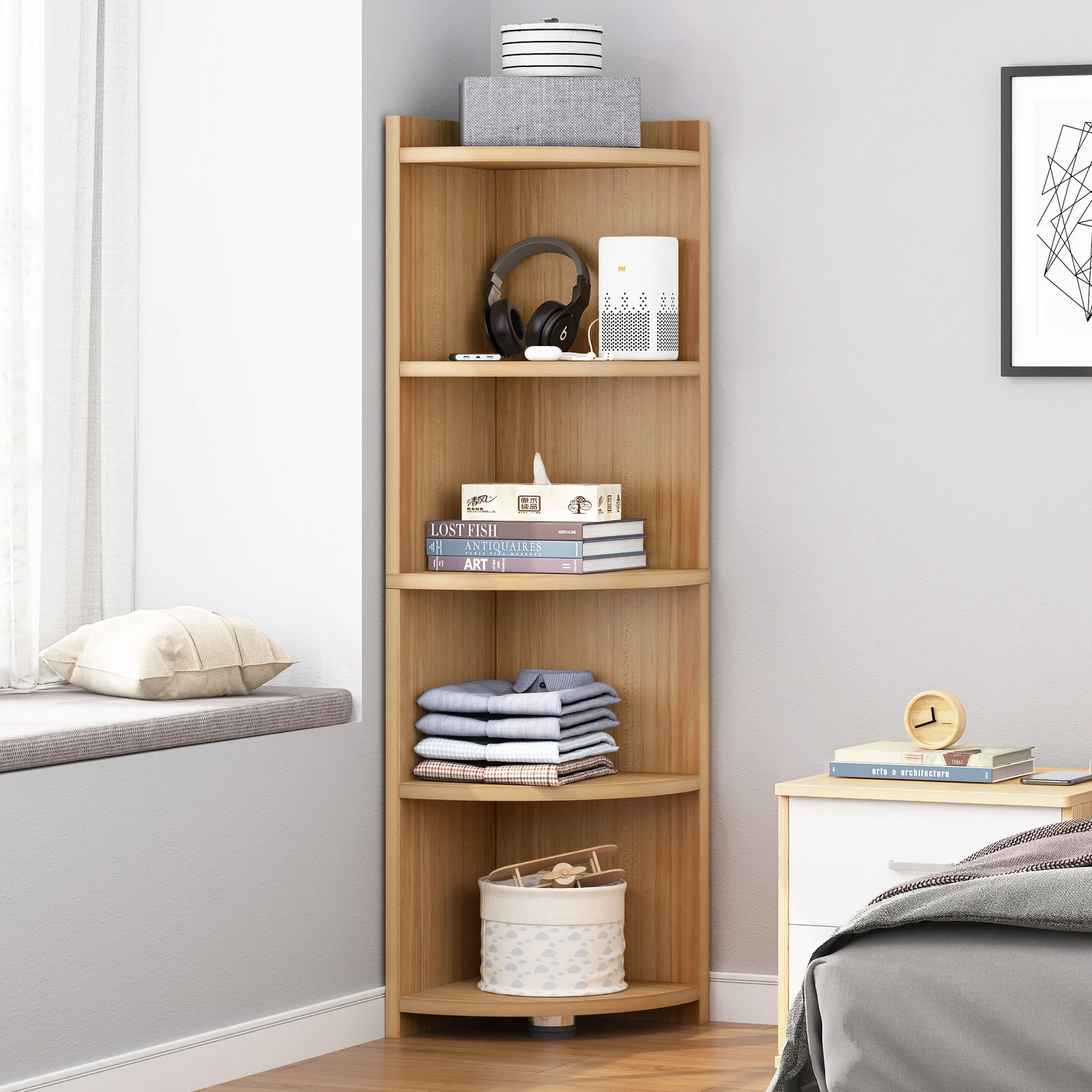 Inspire 5 Tier Stylish Wooden Corner Shelf Unit (Oak) - Image 4