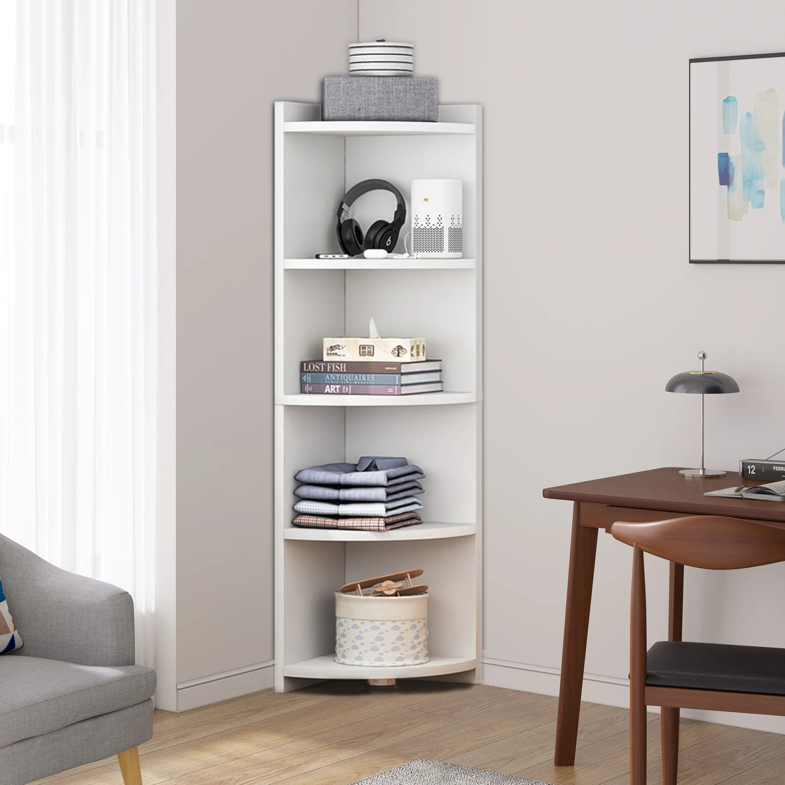 Inspire 5 Tier Stylish Wooden Corner Shelf Unit (White) - Image 4