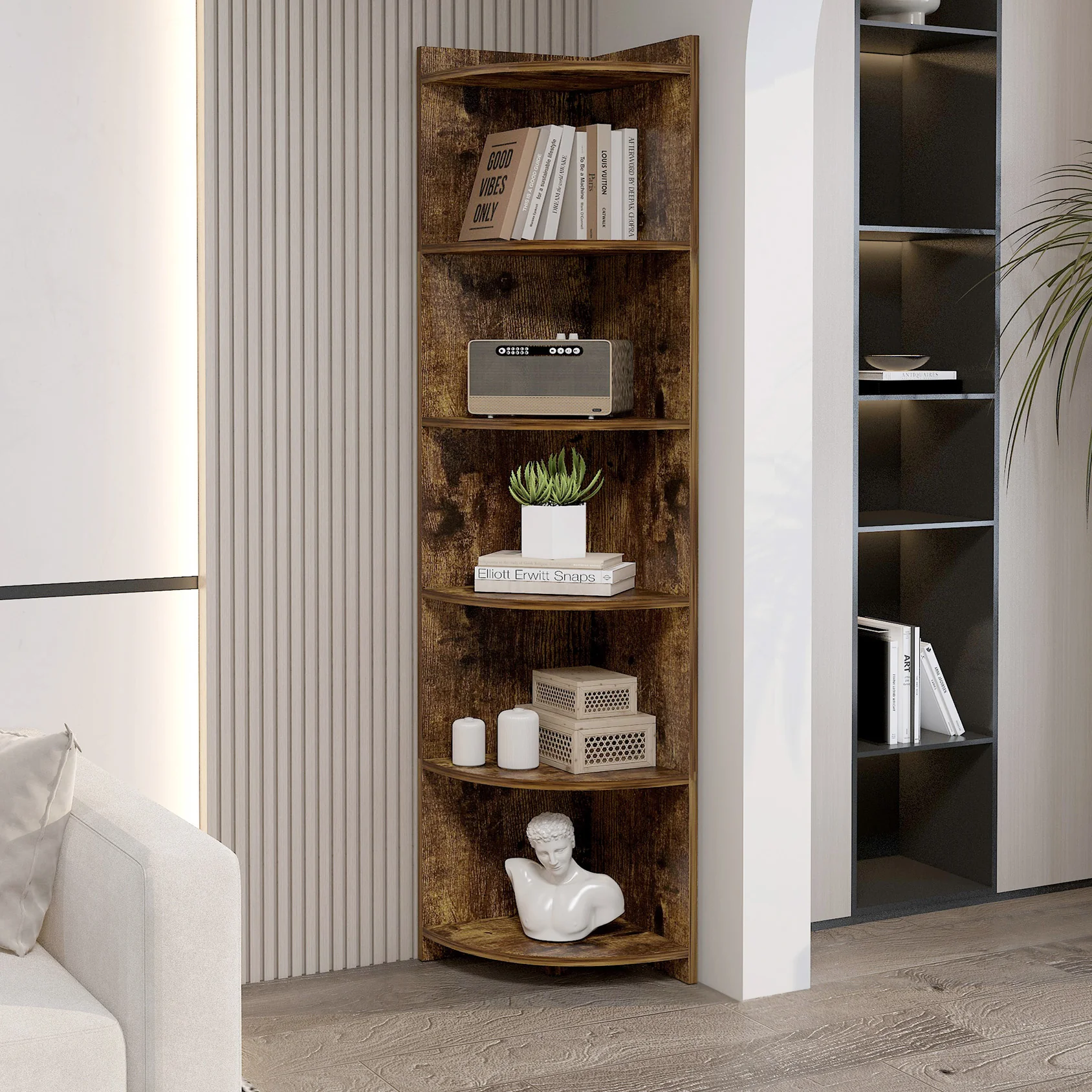 Inspire 6 Tier Large Stylish Rustic Wooden Corner Shelf Unit - Image 2
