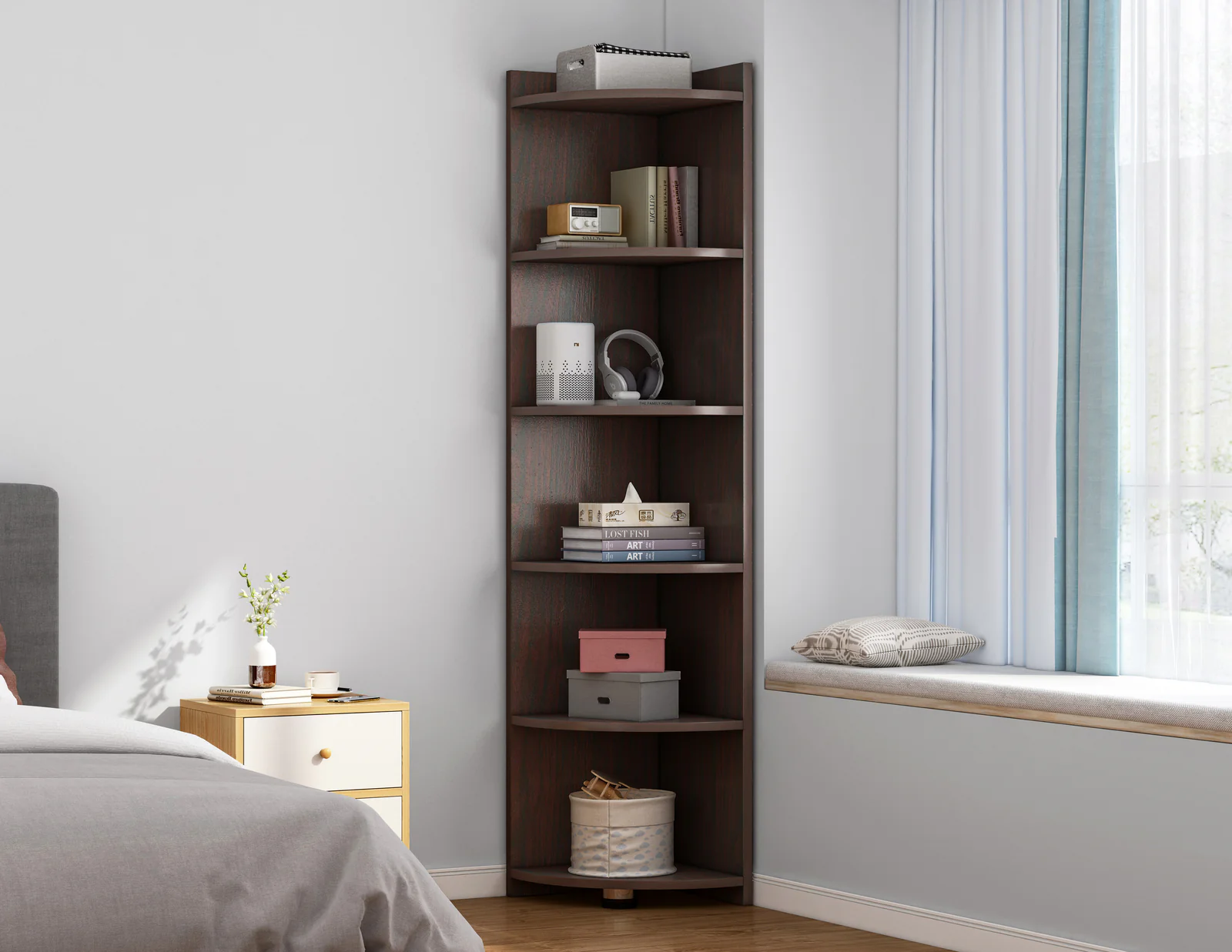 Inspire 6 Tier Large Stylish Wooden Corner Shelf Unit (Black Walnut) - Image 2