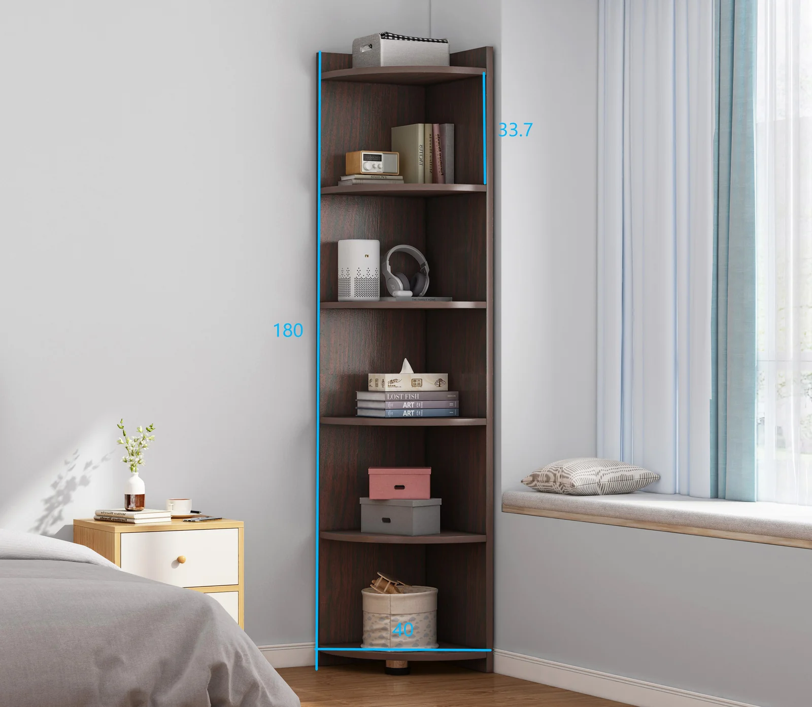 Inspire 6 Tier Large Stylish Wooden Corner Shelf Unit (Black Walnut) - Image 4