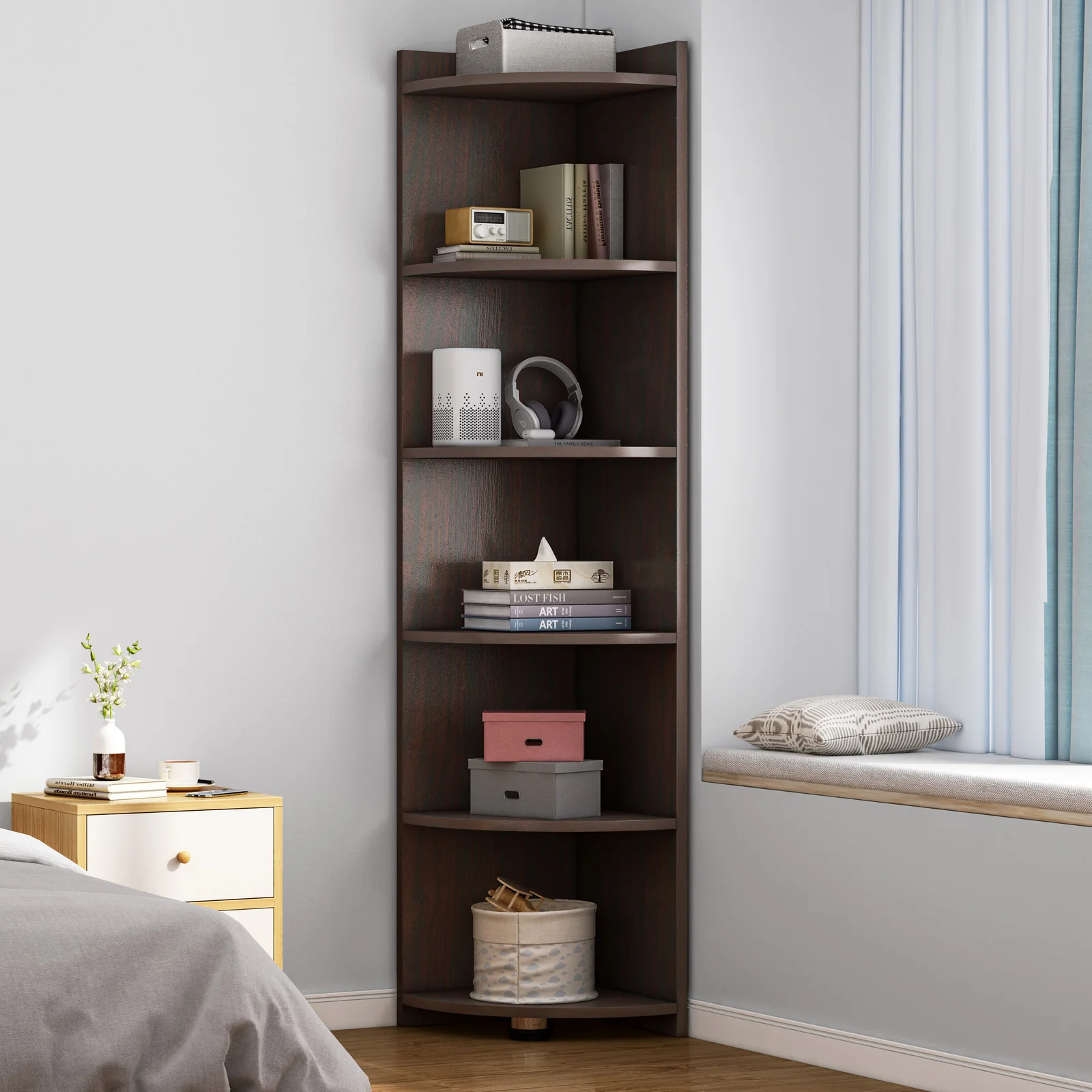 Inspire 6 Tier Large Stylish Wooden Corner Shelf Unit (Black Walnut) - Image 7