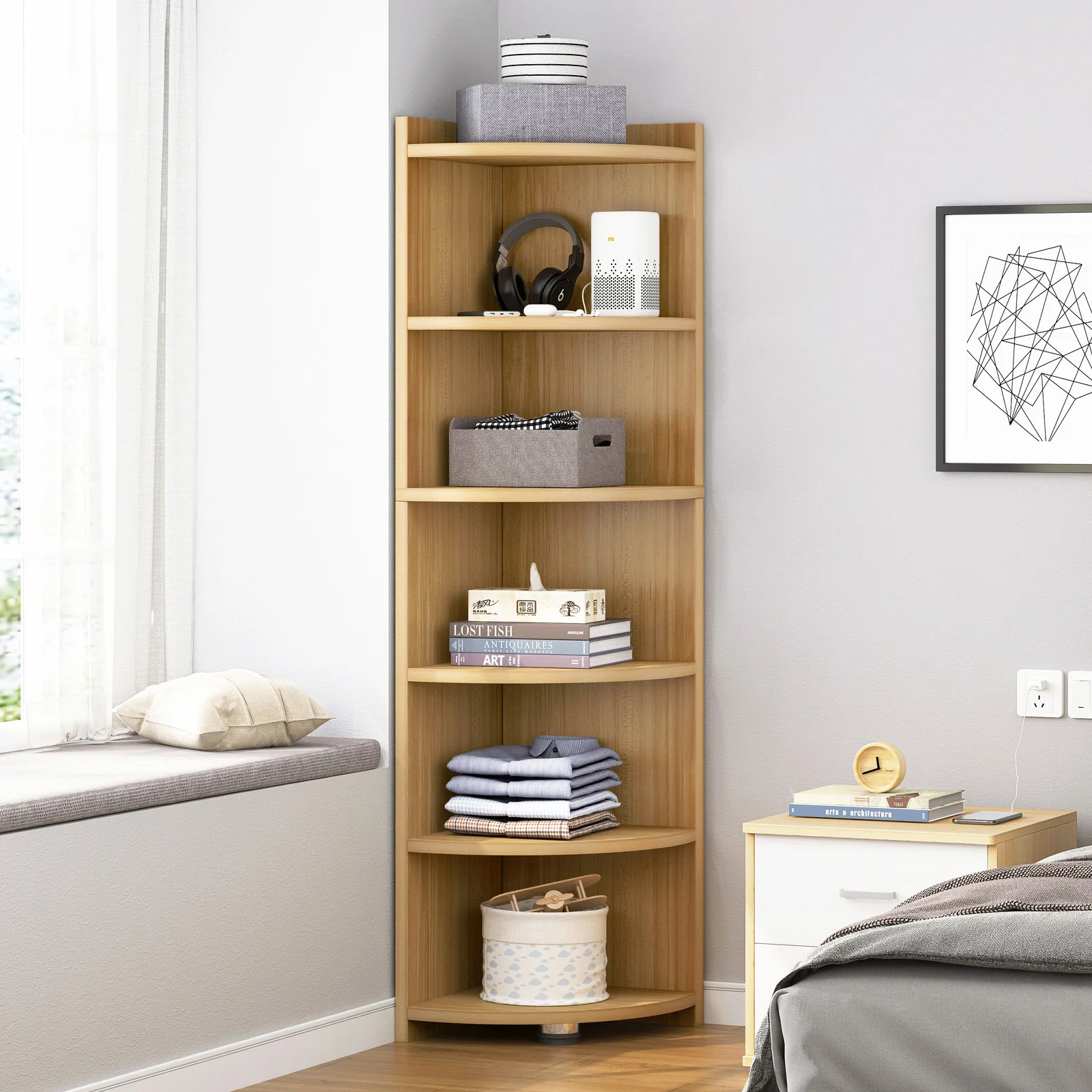 Inspire 6 Tier Large Stylish Wooden Corner Shelf Unit (Oak) - Image 11