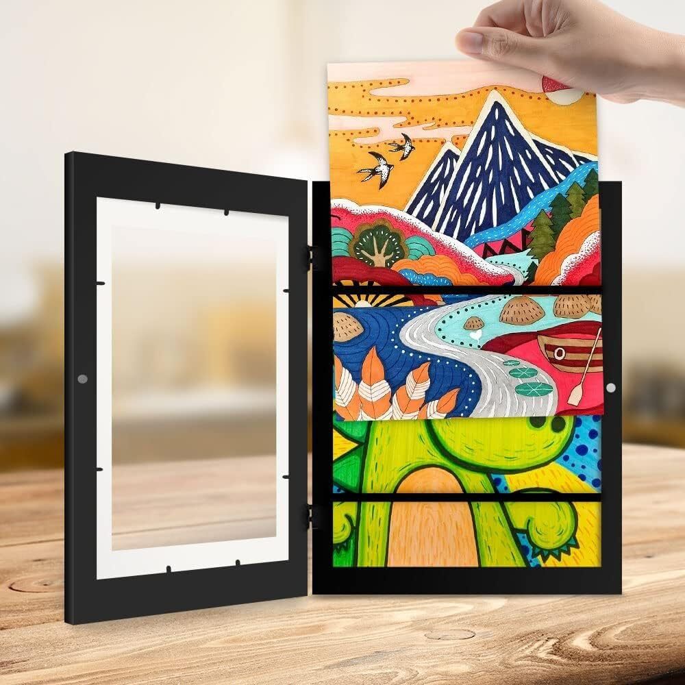 Kids Art Frame Wooden Artwork Display Children Drawing Storage Holds 150 Pictures (Black) - Image 2