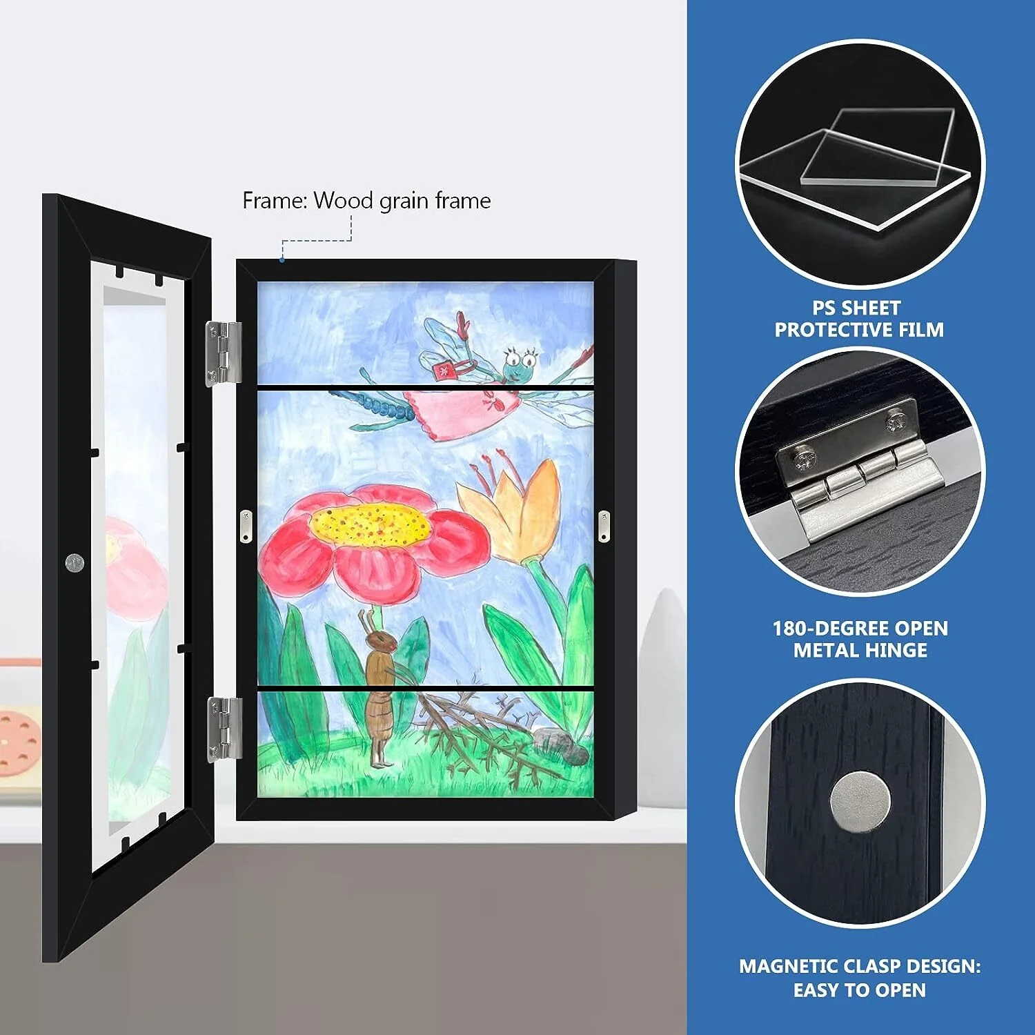 Kids Art Frame Wooden Artwork Display Children Drawing Storage Holds 150 Pictures (Black) - Image 3