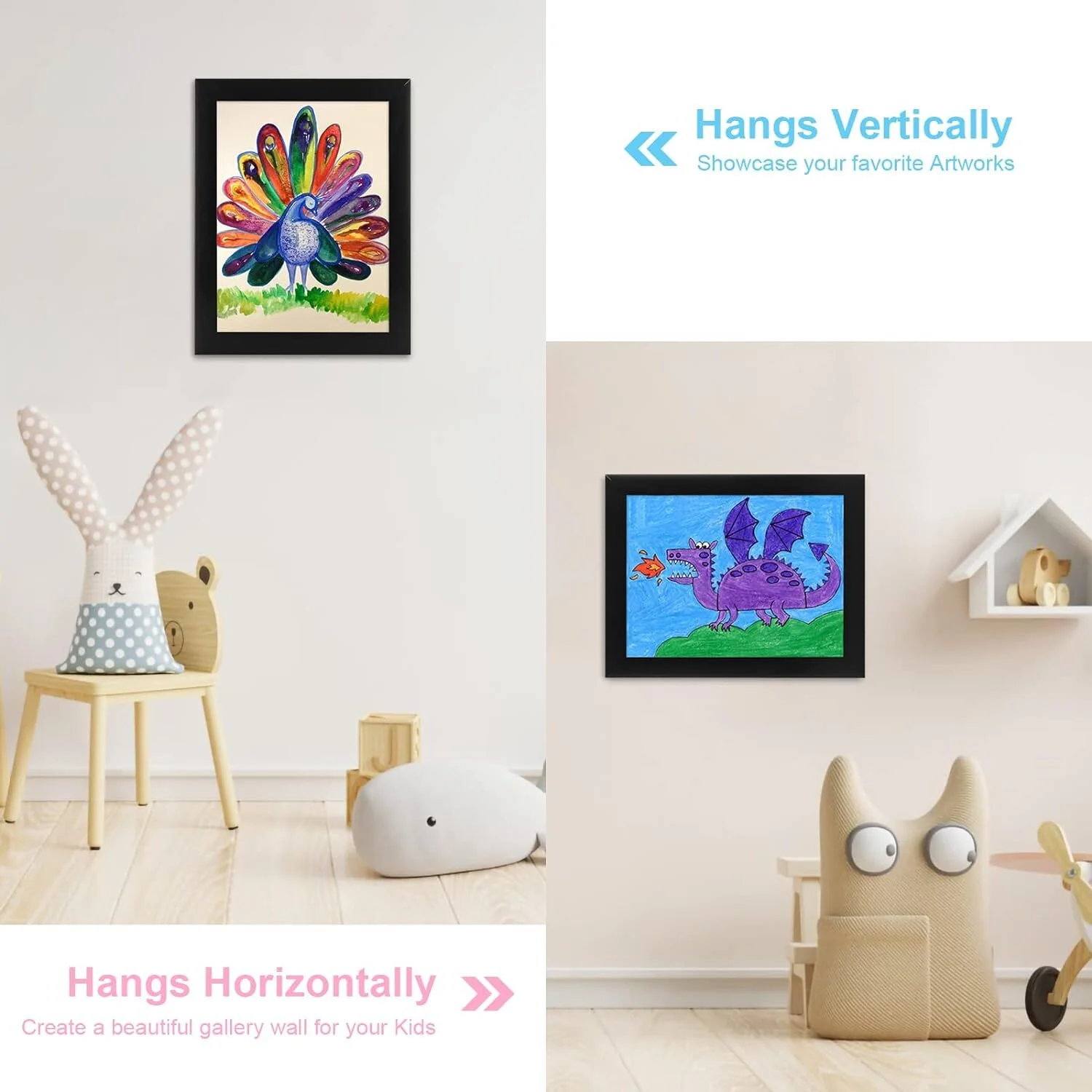 Kids Art Frame Wooden Artwork Display Children Drawing Storage Holds 150 Pictures (Black) - Image 4