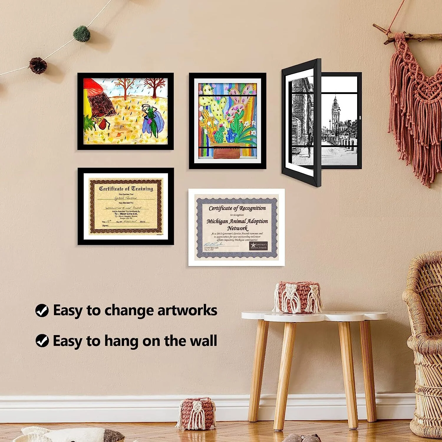 Kids Art Frame Wooden Artwork Display Children Drawing Storage Holds 150 Pictures (Black) - Image 9