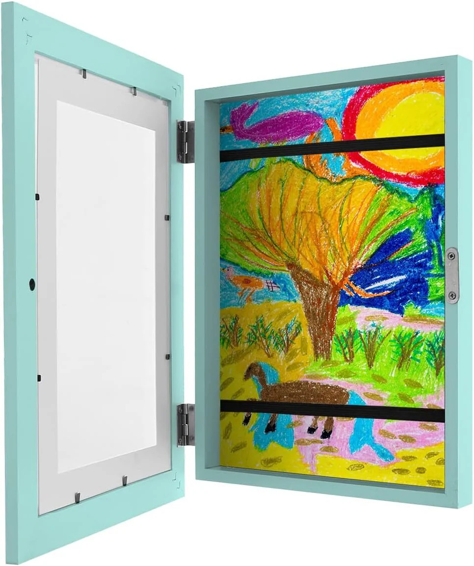 Kids Art Frame Wooden Artwork Display Children Drawing Storage Holds 150 Pictures (Blue) - Image 11