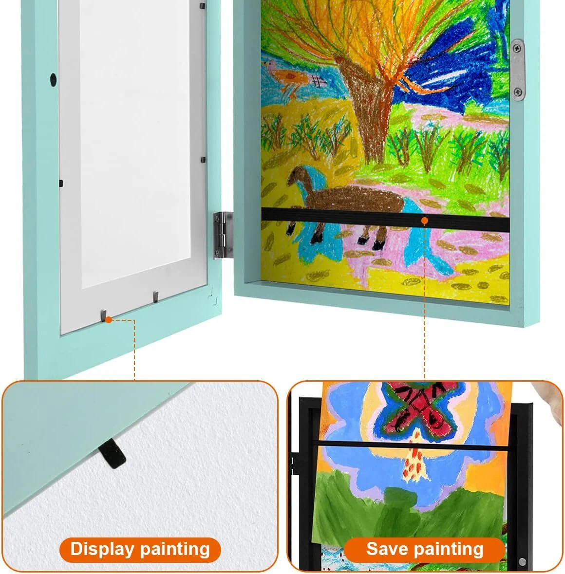 Kids Art Frame Wooden Artwork Display Children Drawing Storage Holds 150 Pictures (Blue) - Image 2
