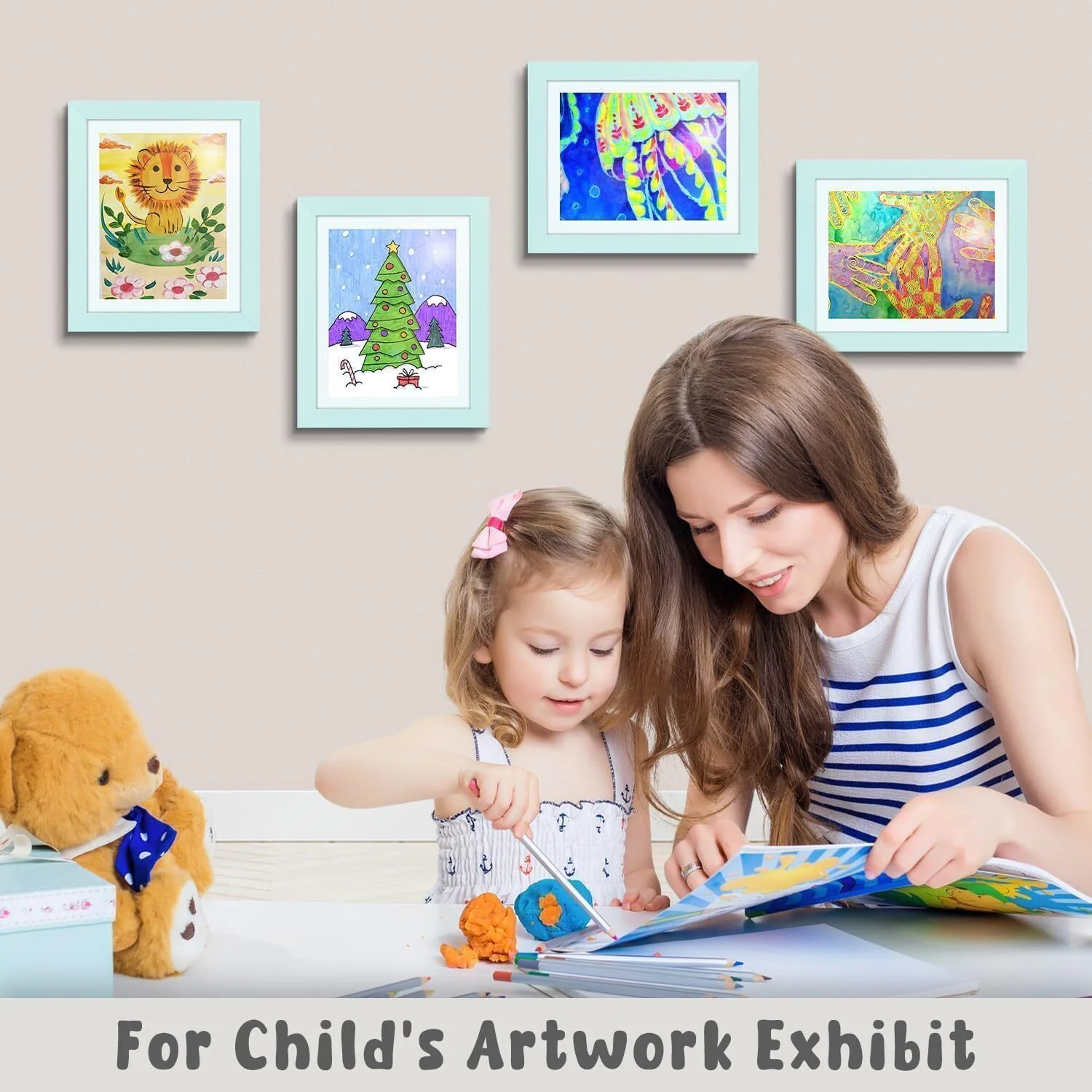 Kids Art Frame Wooden Artwork Display Children Drawing Storage Holds 150 Pictures (Blue) - Image 4