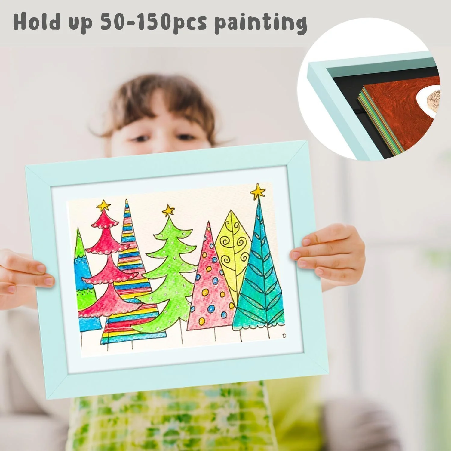 Kids Art Frame Wooden Artwork Display Children Drawing Storage Holds 150 Pictures (Blue) - Image 5