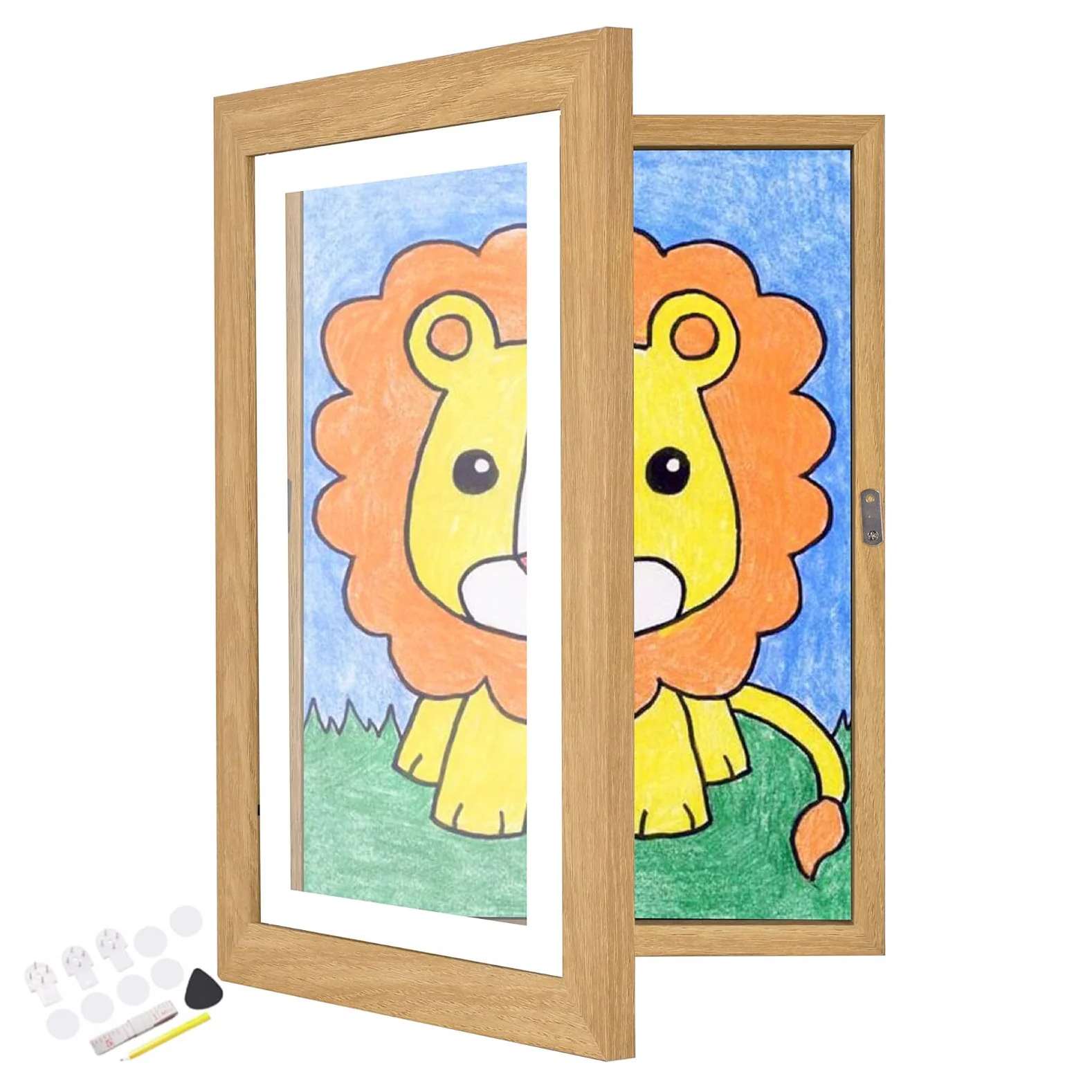 Kids Art Frame Wooden Artwork Display Children Drawing Storage Holds 150 Pictures (Oak) - Image 11