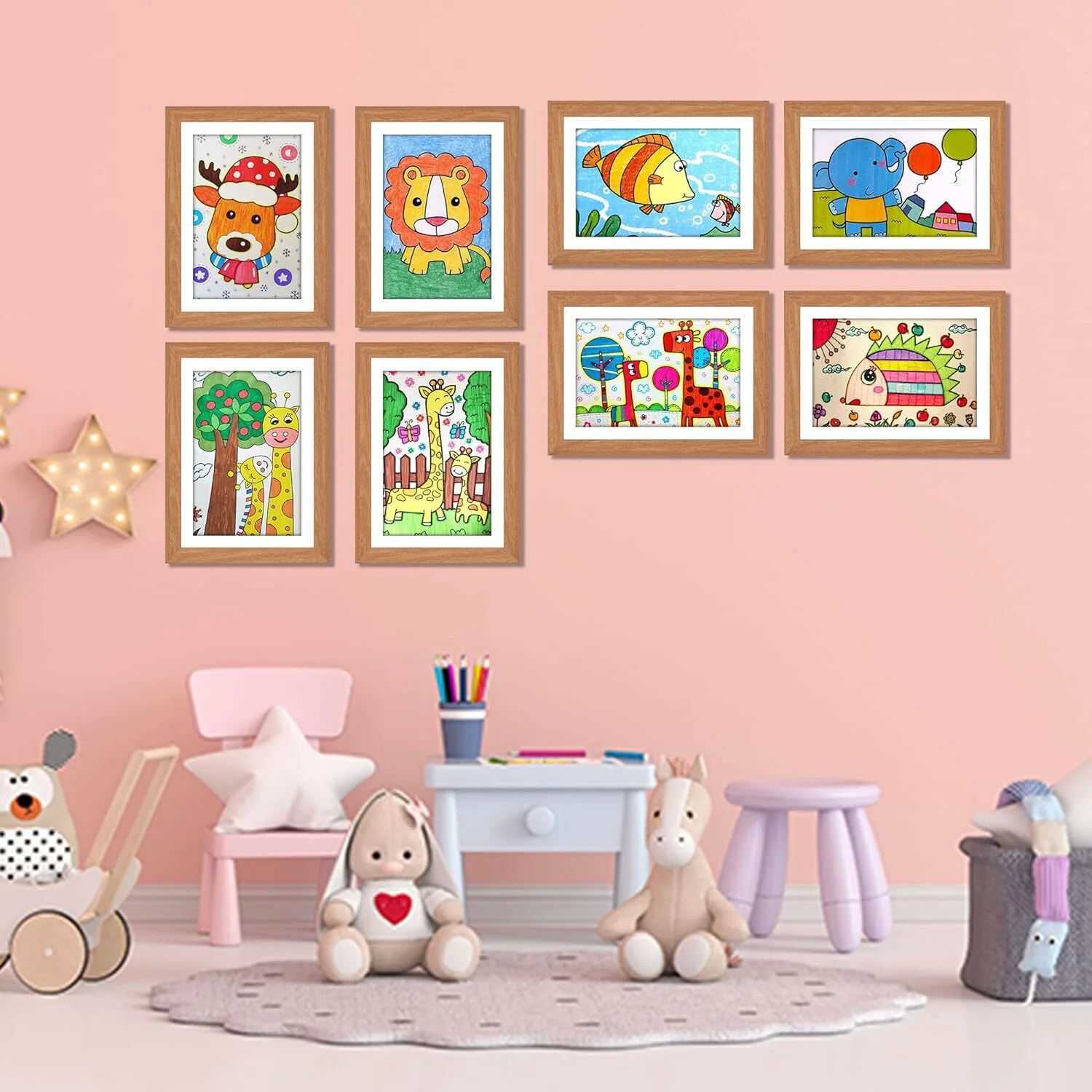 Kids Art Frame Wooden Artwork Display Children Drawing Storage Holds 150 Pictures (Oak) - Image 12