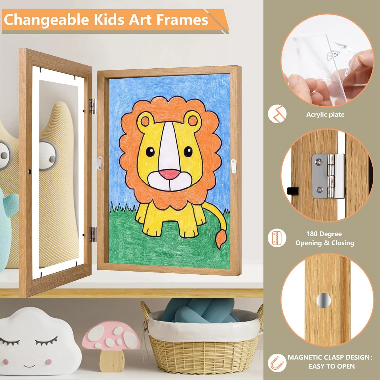 Kids Art Frame Wooden Artwork Display Children Drawing Storage Holds 150 Pictures (Oak) - Image 2