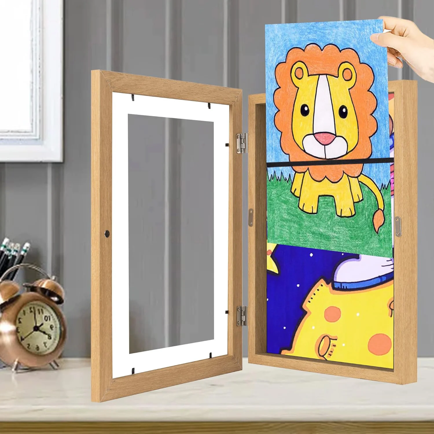 Kids Art Frame Wooden Artwork Display Children Drawing Storage Holds 150 Pictures (Oak) - Image 3