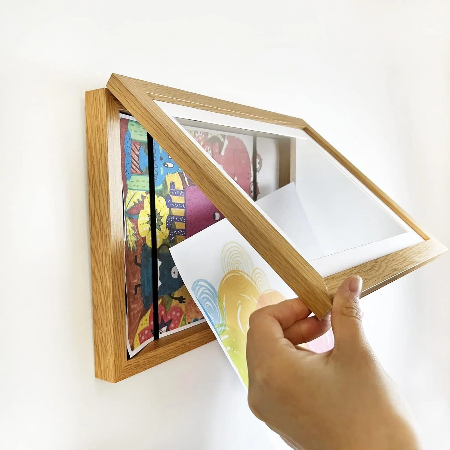 Kids Art Frame Wooden Artwork Display Children Drawing Storage Holds 150 Pictures (Oak) - Image 7