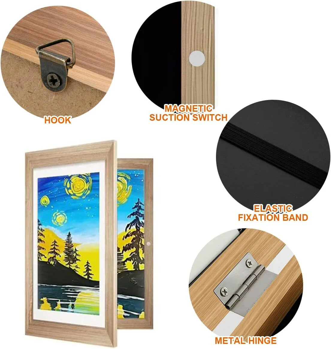 Kids Art Frame Wooden Artwork Display Children Drawing Storage Holds 150 Pictures (Oak) - Image 8