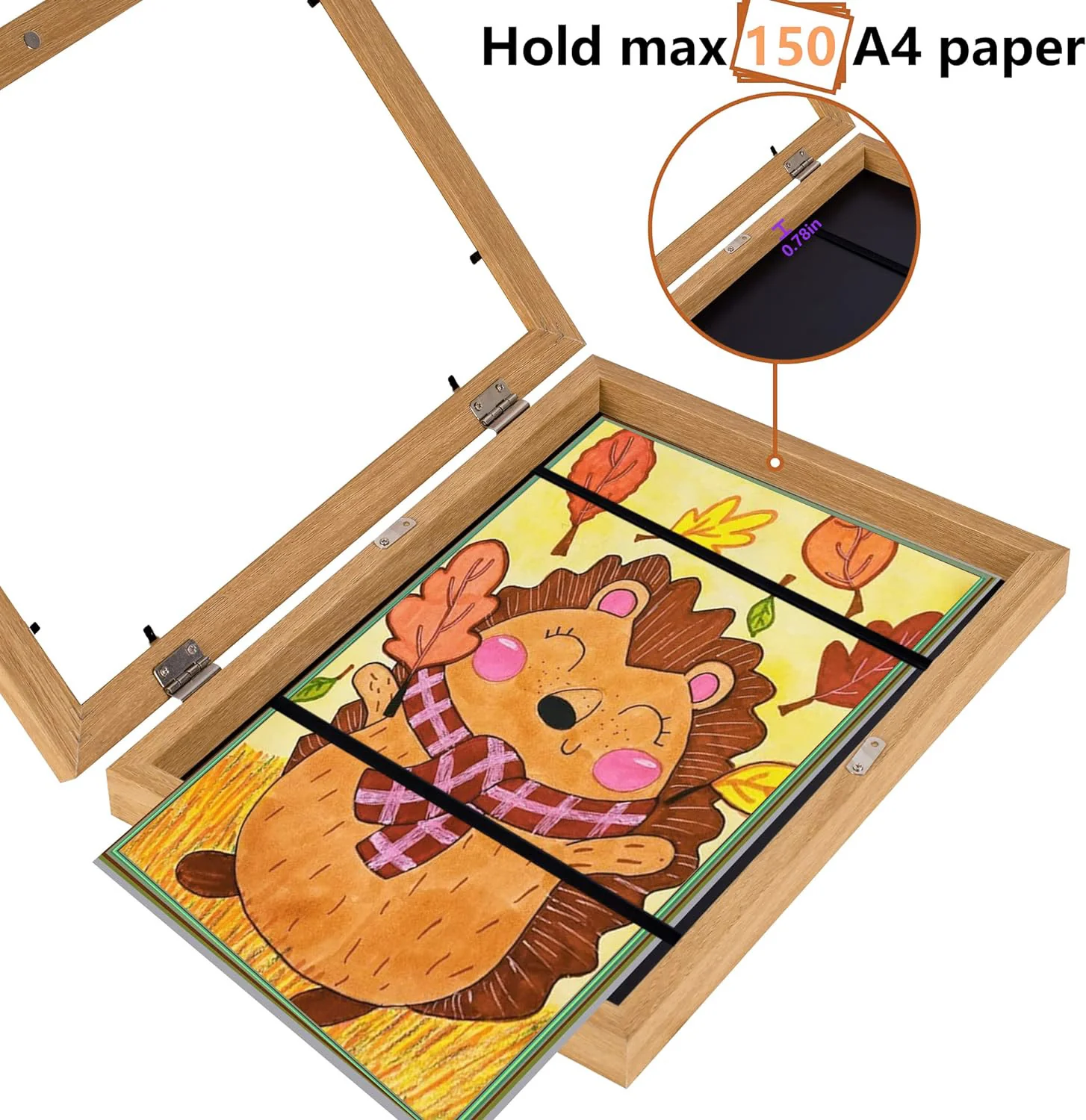 Kids Art Frame Wooden Artwork Display Children Drawing Storage Holds 150 Pictures (Oak) - Image 9