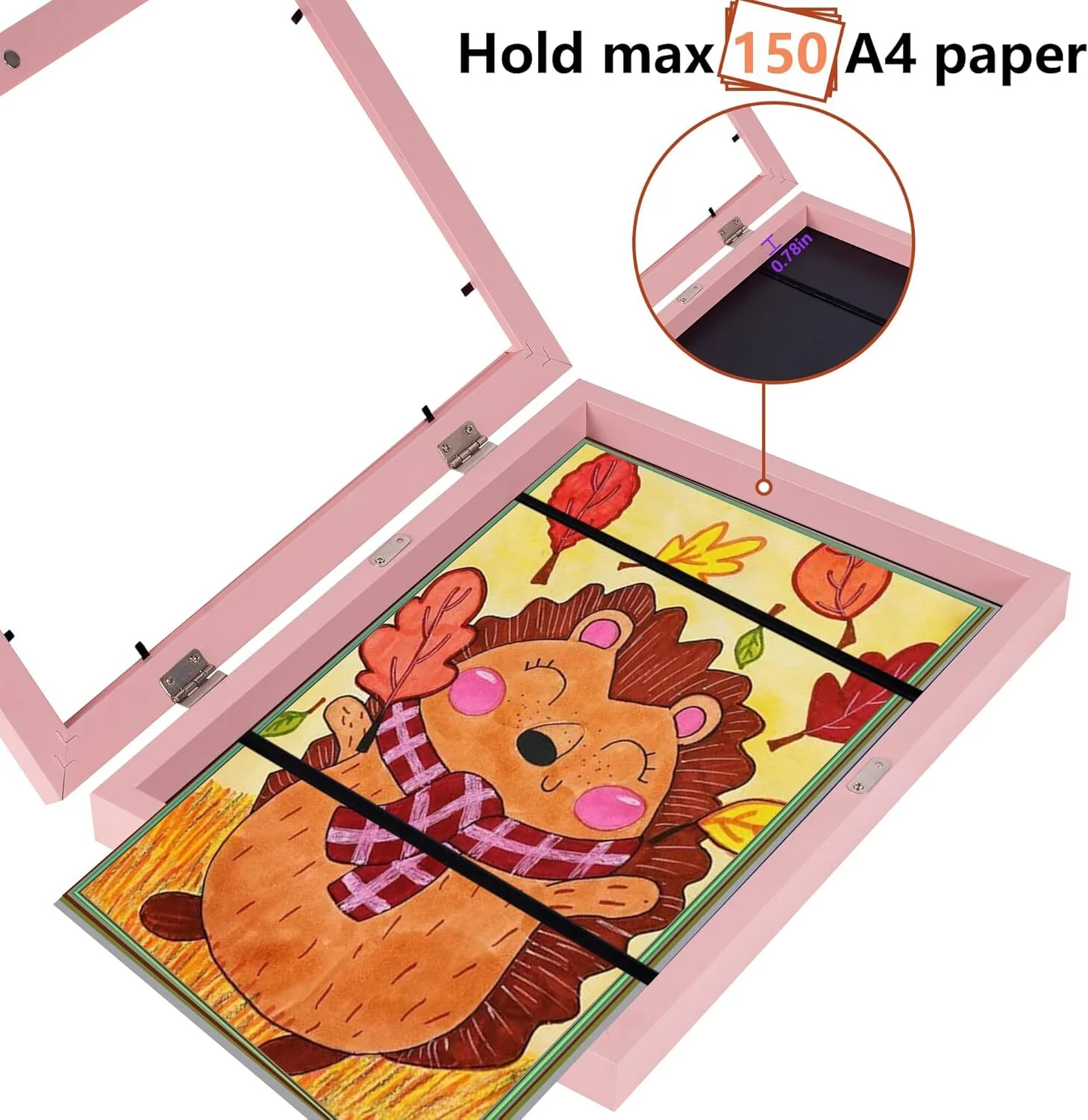 Kids Art Frame Wooden Artwork Display Children Drawing Storage Holds 150 Pictures (Pink) - Image 11