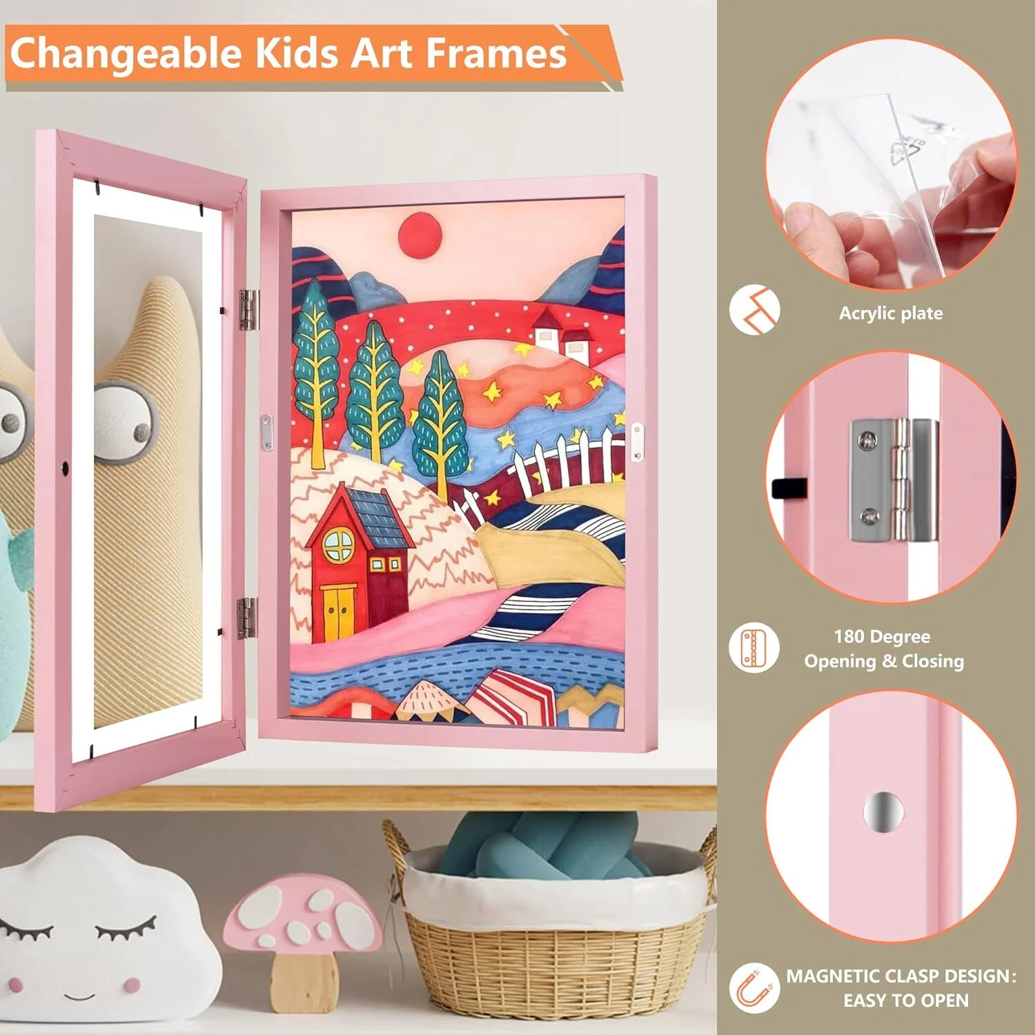 Kids Art Frame Wooden Artwork Display Children Drawing Storage Holds 150 Pictures (Pink) - Image 4