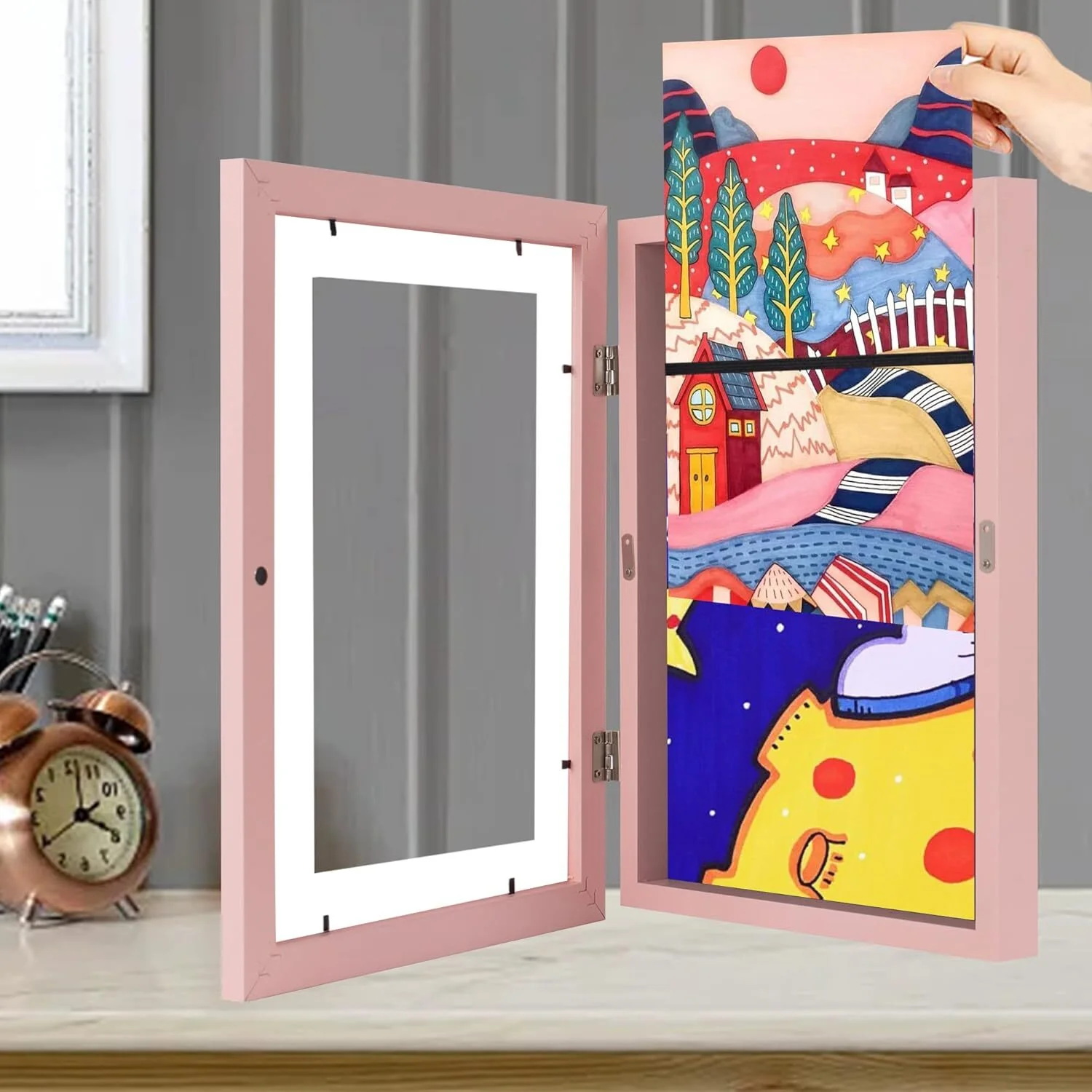 Kids Art Frame Wooden Artwork Display Children Drawing Storage Holds 150 Pictures (Pink) - Image 5
