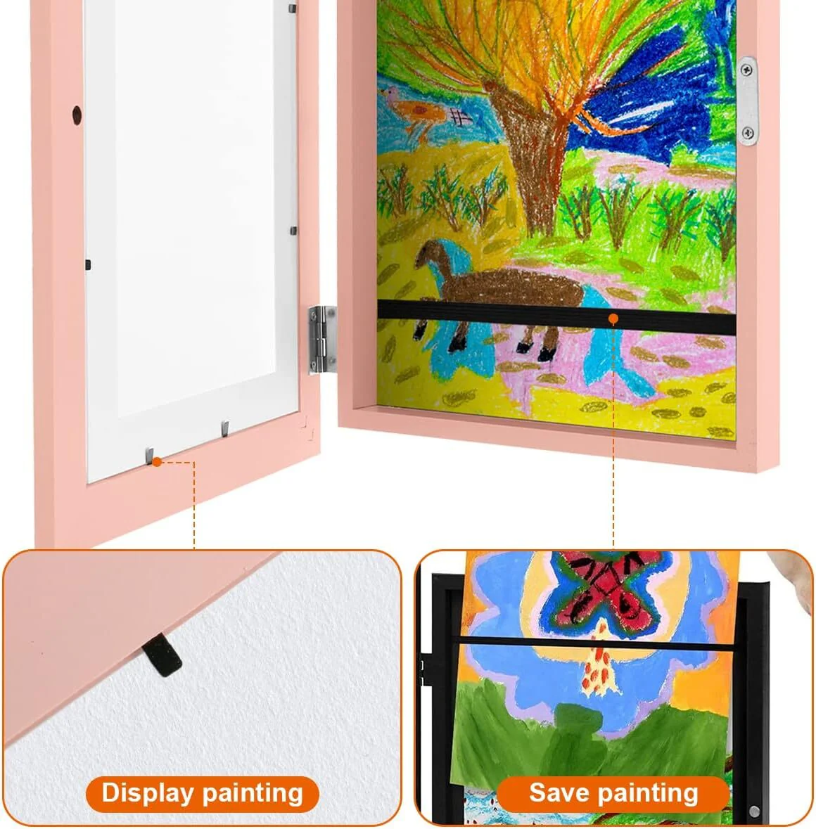 Kids Art Frame Wooden Artwork Display Children Drawing Storage Holds 150 Pictures (Pink) - Image 8