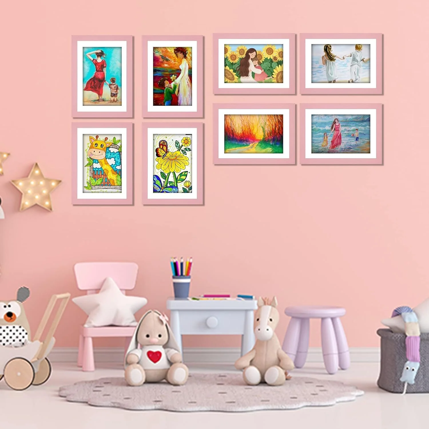 Kids Art Frame Wooden Artwork Display Children Drawing Storage Holds 150 Pictures (Pink) - Image 9