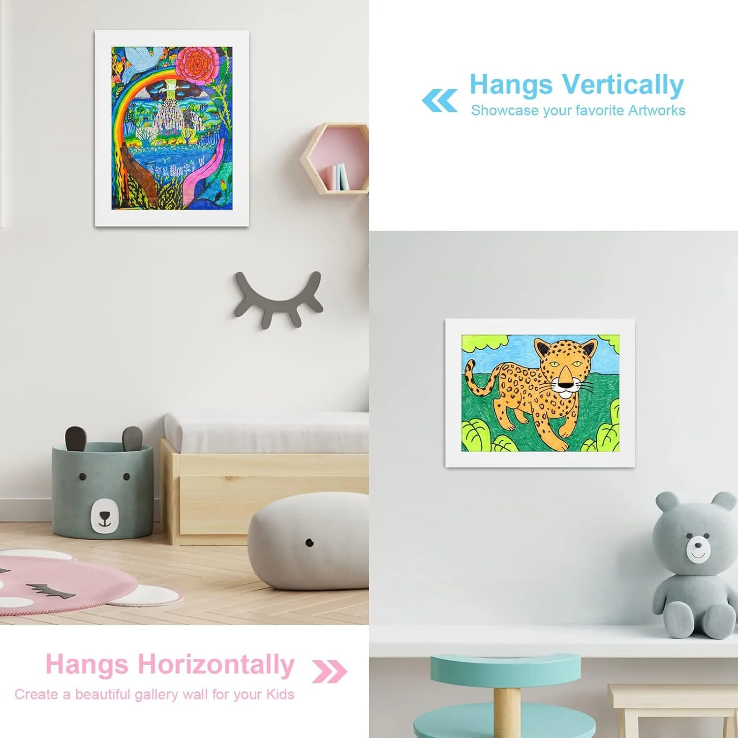 Kids Art Frame Wooden Artwork Display Children Drawing Storage Holds 150 Pictures (White) - Image 5