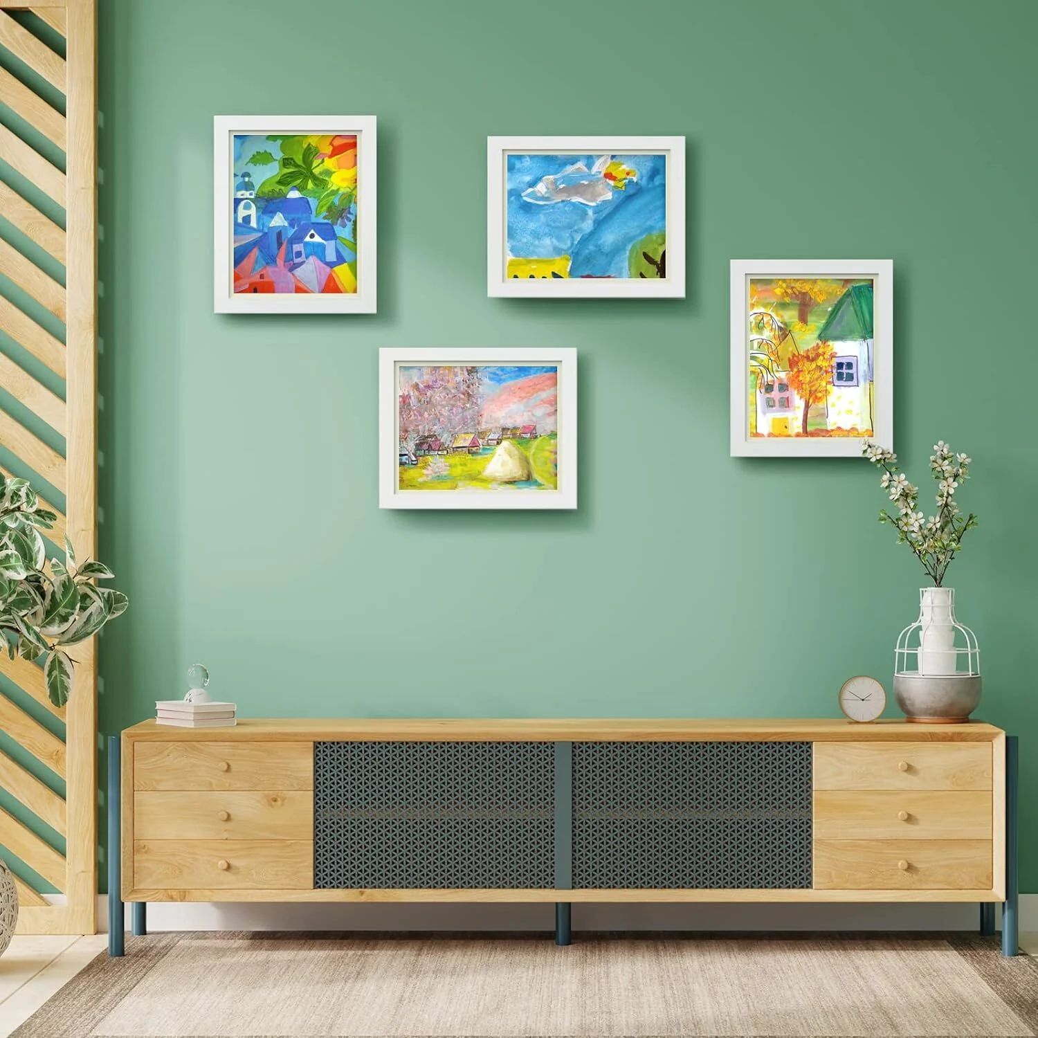 Kids Art Frame Wooden Artwork Display Children Drawing Storage Holds 150 Pictures (White) - Image 9