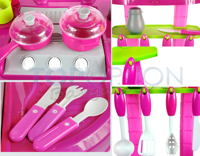 Kids Pretend Play Realistic Play Kitchen Toy Set with Lights & Sounds - Pink - Image 3