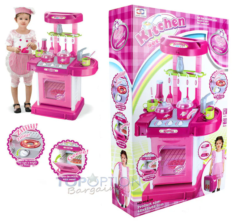 Kids Pretend Play Realistic Play Kitchen Toy Set with Lights & Sounds - Pink - Image 4