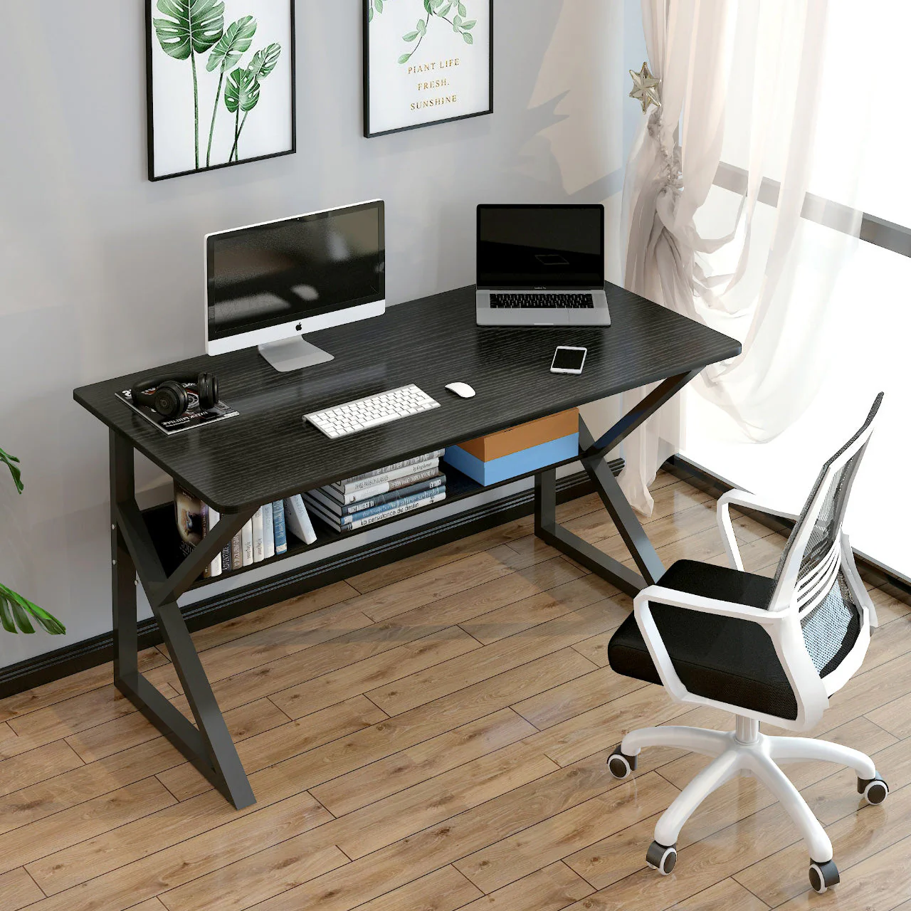 Kori Large Wood & Metal Computer Desk with Shelf (Black) - Image 9