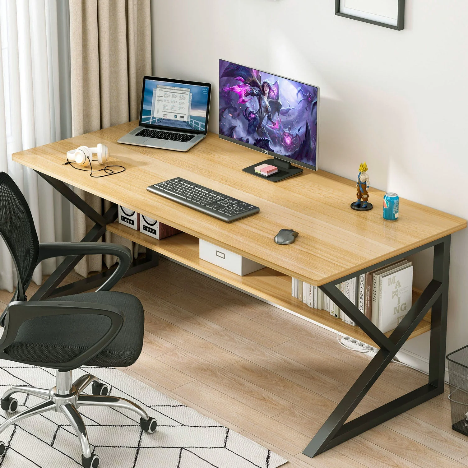 Kori Large Wood & Metal Computer Desk with Shelf (Oak) - Image 3