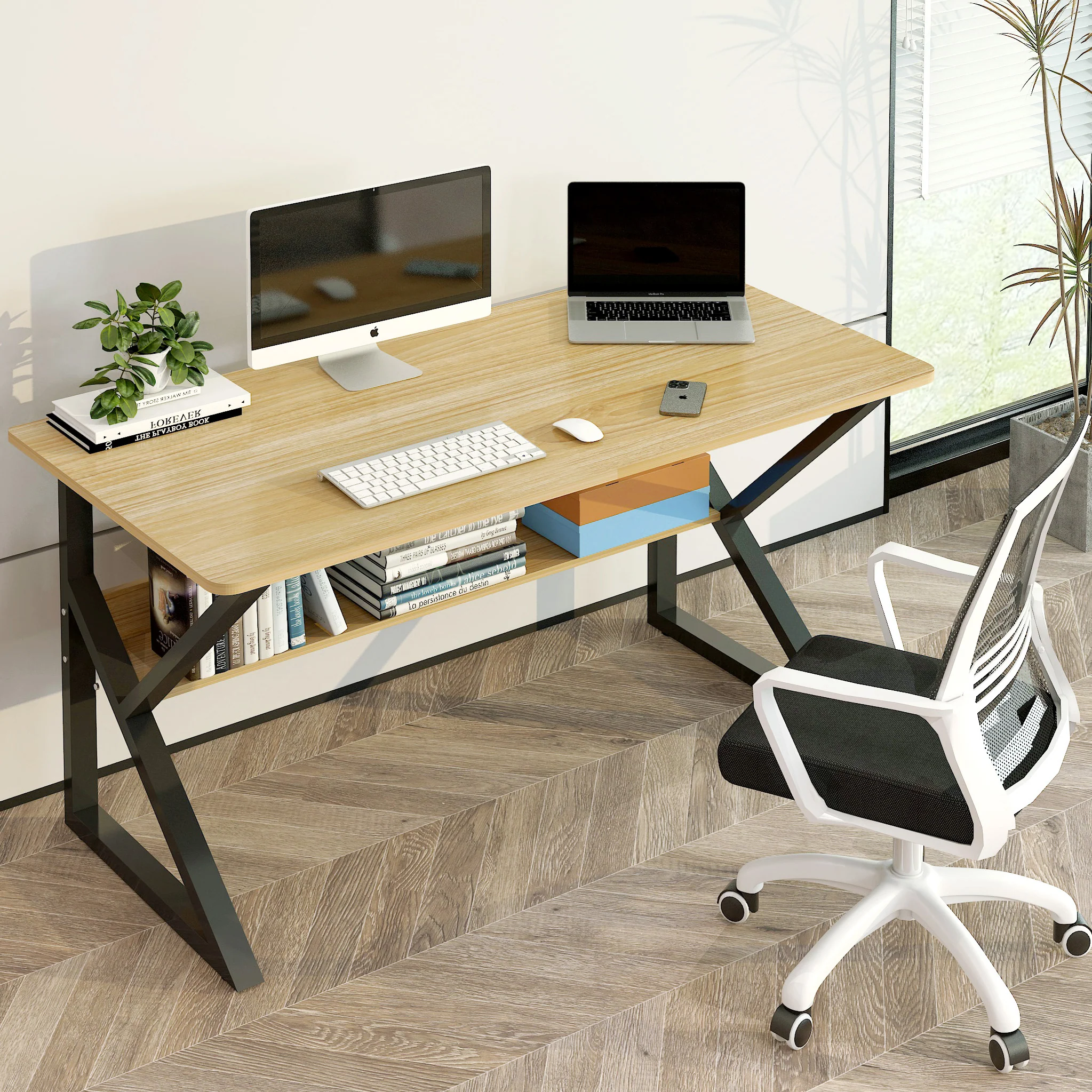 Kori Large Wood & Metal Computer Desk with Shelf (Oak) - Image 5