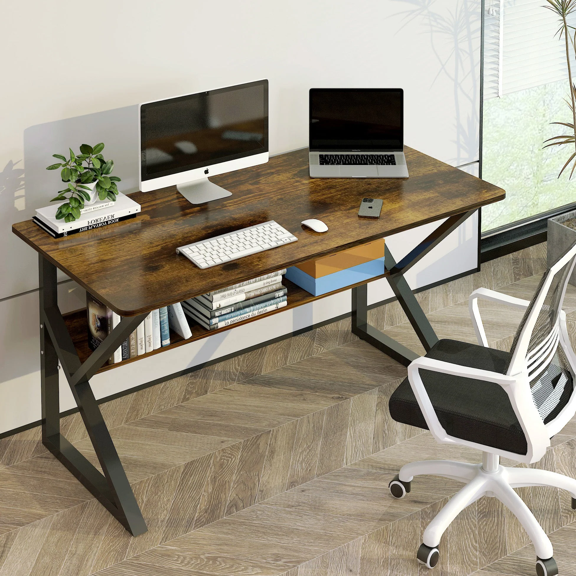 Kori Large Wood & Metal Computer Desk with Shelf (Rustic Wood) - Image 2