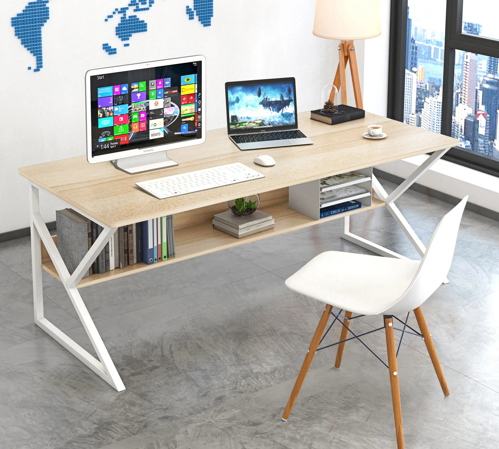 Kori Large Wood & Metal Computer Desk with Shelf (White Oak) - Image 9
