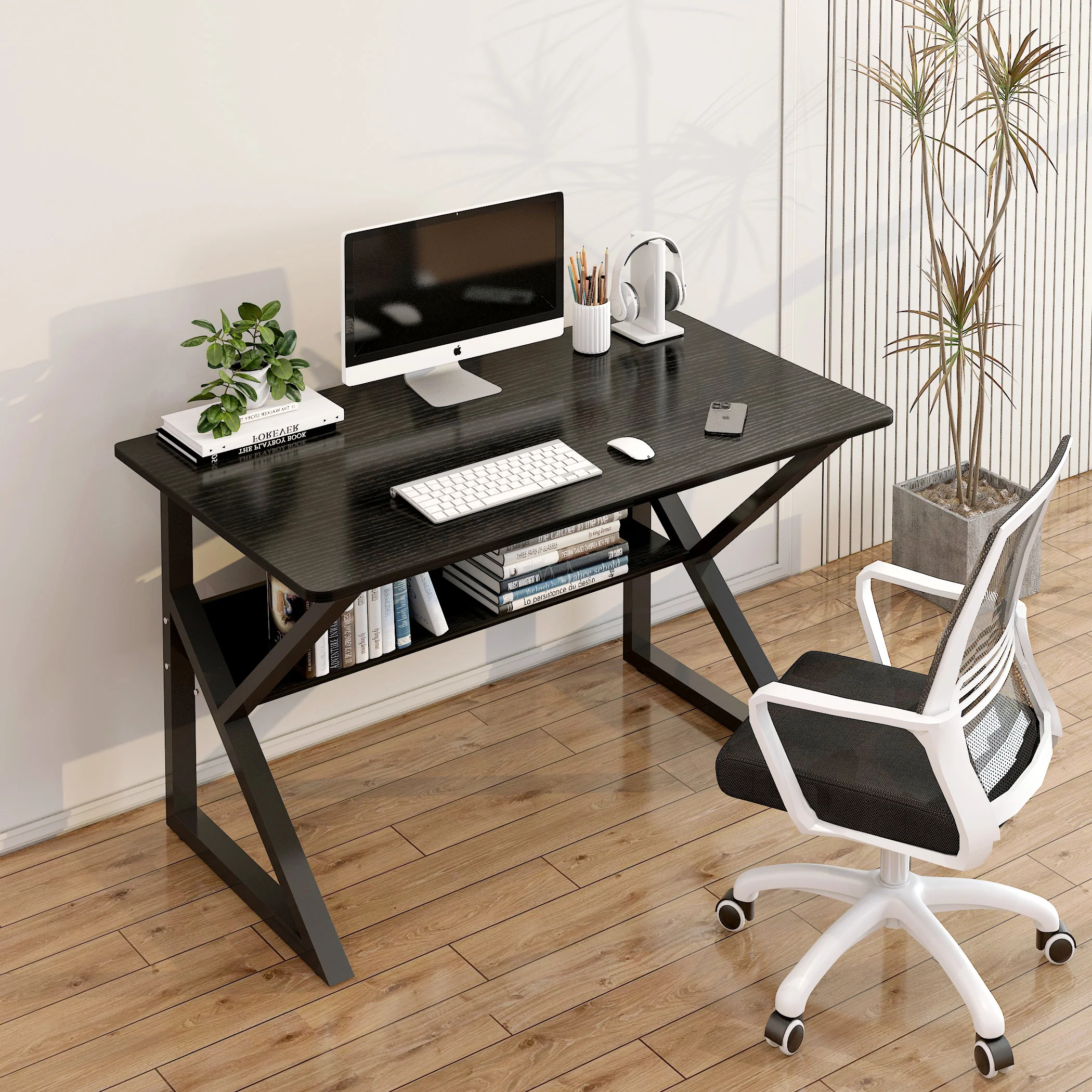 Kori Wood & Metal Computer Desk with Shelf (Black) - 80cm - Image 3