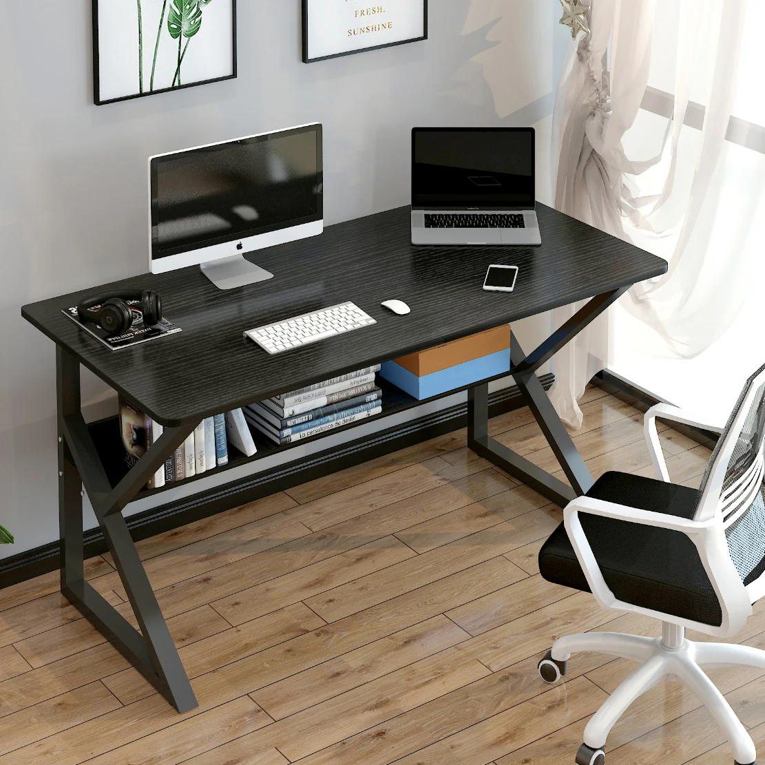 Kori Wood & Metal Computer Desk with Shelf (Black Walnut) - Image 2