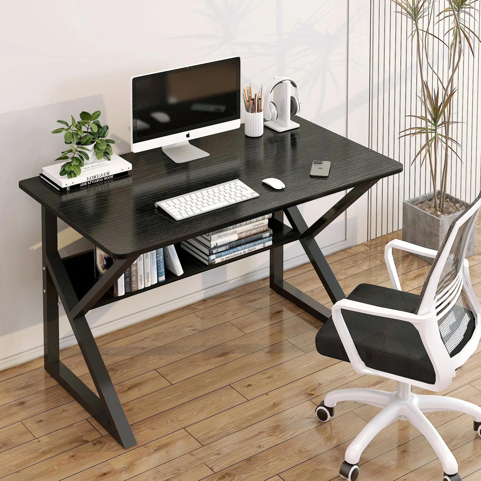 Kori Wood & Metal Computer Desk with Shelf (Black Walnut) - Image 3